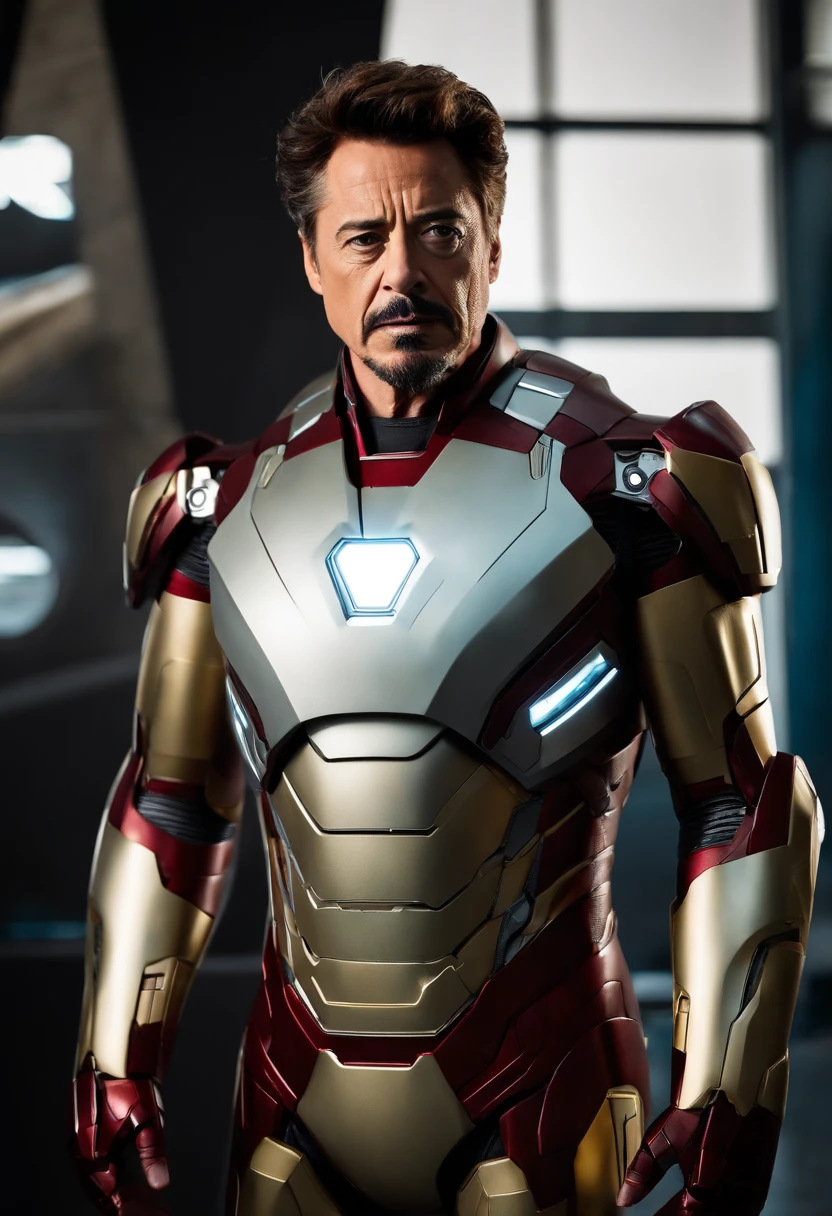 A photo of Tony Stark showcasing his latest invention at the Stark Expo.,Marvel Cinematic Universe,Stark is typically depicted as handsome and stylish, with neatly groomed facial hair, a sophisticated sense of fashion, and a well-built physique reflective of his status and personality. His appearance is frequently complemented by the latest technology, from his Arc Reactor chest piece to his cutting-edge Iron Man suits, symbolizing his innovative prowess and the armor he uses in more ways than one.