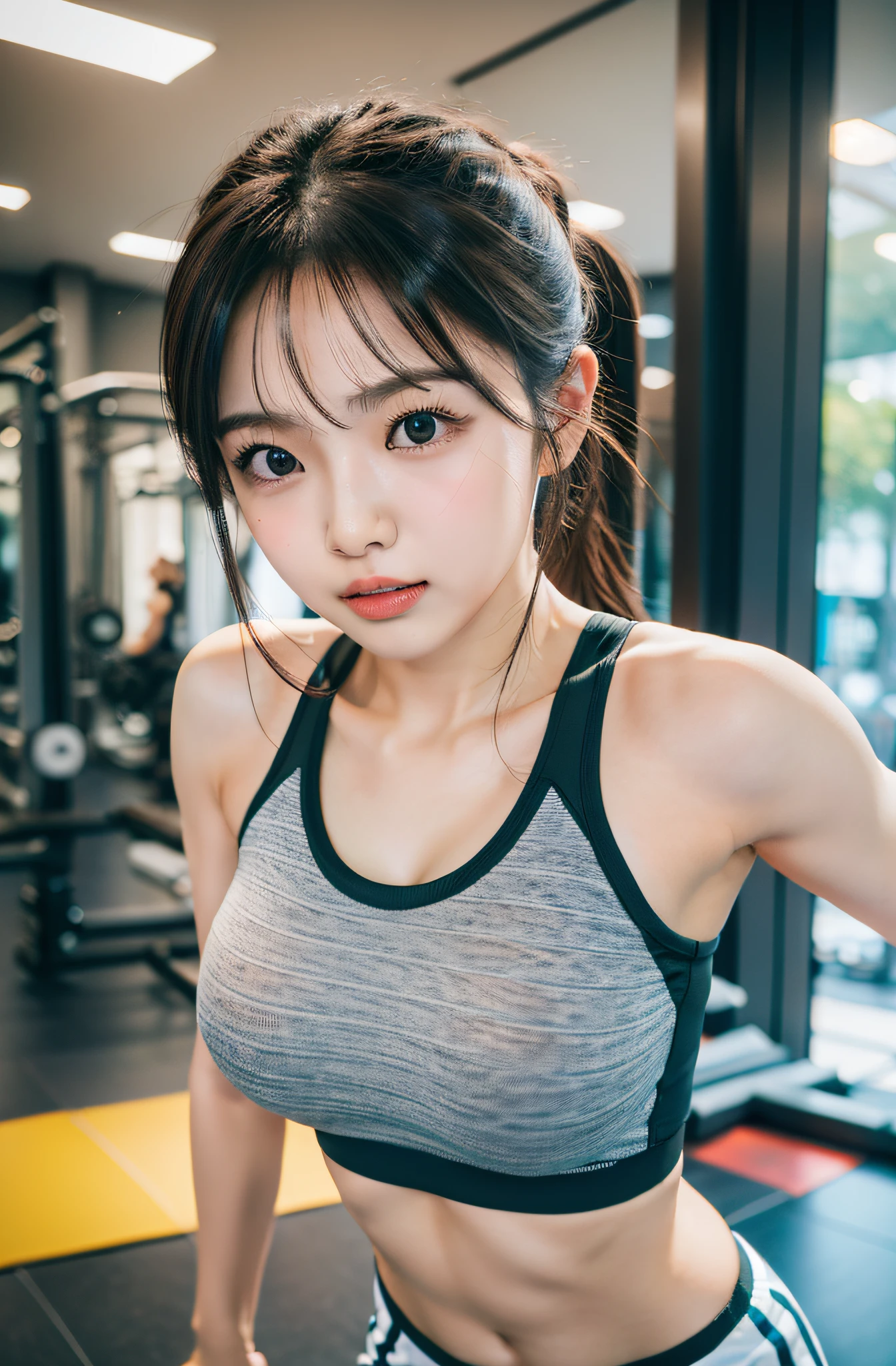 Exposed nipples、Capturing the essence of Eri Kamei'Photorealistic scenes、Morning Musume。, Dressed in trendy gym attire for a personal training session. Imagine her today, fully equipped gym, Showing off her fitness routine. The image should emphasize her beauty and charm, Pay attention to her athletic figure. Achieve superior image quality with Canon EOS R5 camera, Equipped with RF 70-200mm F2.8 lenses to capture crisp details and vibrant colors. The lighting should be bright and natural, Highlights her features and the dynamic range of the gym environment。. The composition should be close-up, We captured her engaging in intense training.., to emphasize her figure、Added a soft bokeh to the background。.. Make sure your image is Ultra HD, fine-textured, Realistic realism, Pin Sharp Focus, Reflects the vibrant energy of a personal training session.