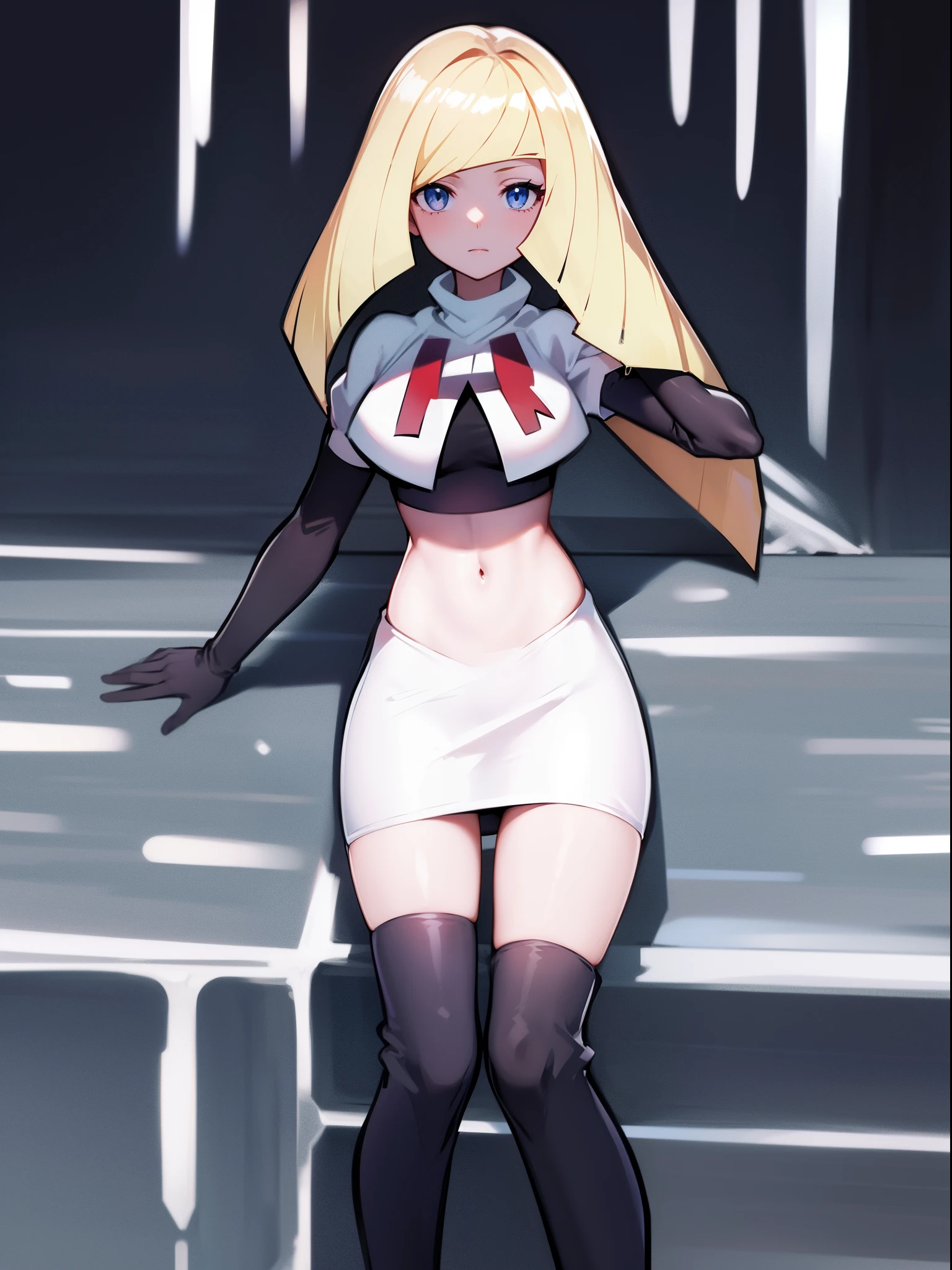 pokemonlusamine,green eyes,team rocket,team rocket uniform,white skirt,crop top,black thigh-high boots,black elbow gloves,