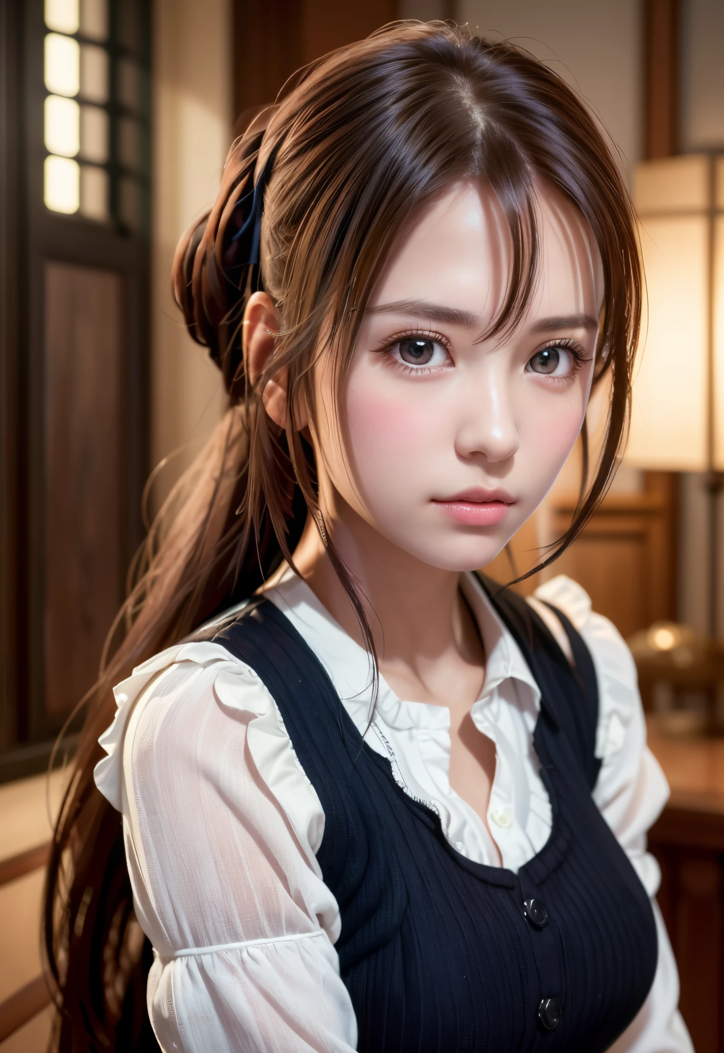 8K, of the highest quality, masutepiece:1.2), (Realistic, Photorealsitic:1.37), of the highest quality, masutepiece, Beautiful young woman, Pensive expression, Thoughtful look, Cute Maid Clothes, Hair tied back, Messy mood, Cinematic background, Tired, Light skin tone