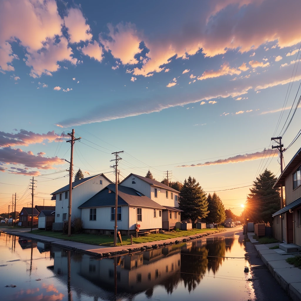 no people, scenery, cloud, sky, reflection, outdoors, sunset, caption, cloudy sky, sign, power pole, wery small houses, power lines, road sign, blue sky, small township in northern usa, small fishing harbor, trees, sunset, landscape, horizon, lens flare, warm colors, warm tones