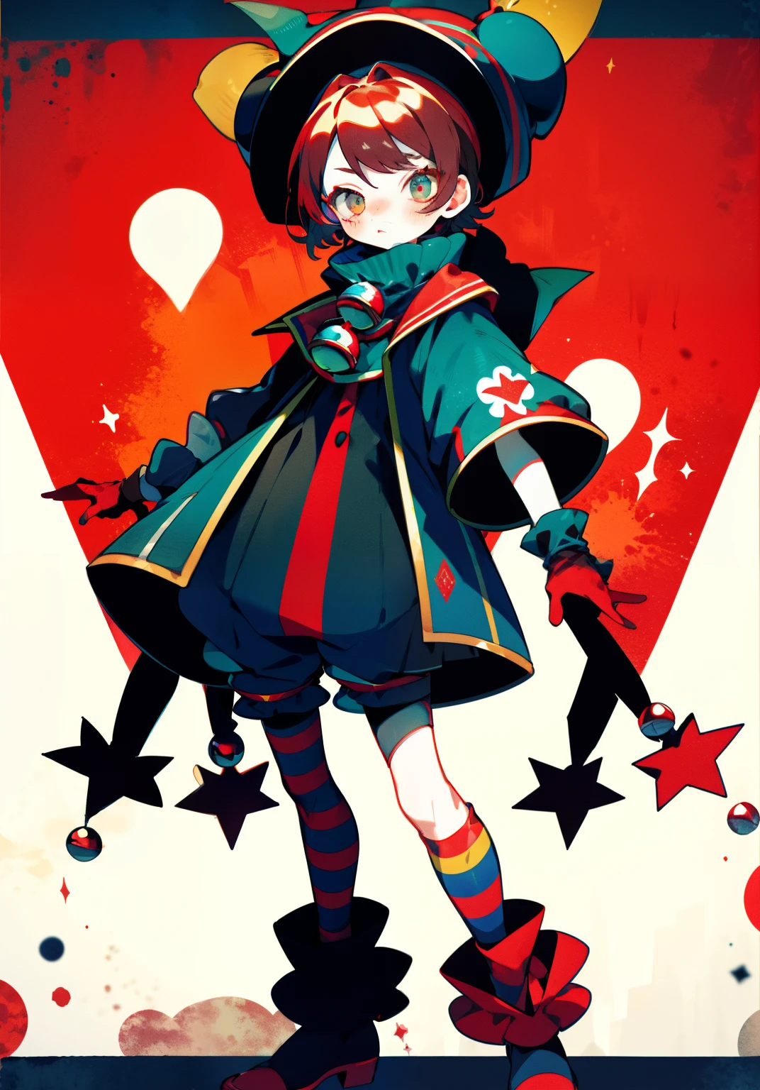 jester girl pomni, big red and black stripe tile style jester hat,red and black and blue suit style, brown hair,with red gloves, red mix black jester outfit, with jester shorts, scared expression, wears red and blue jester hat with bells,