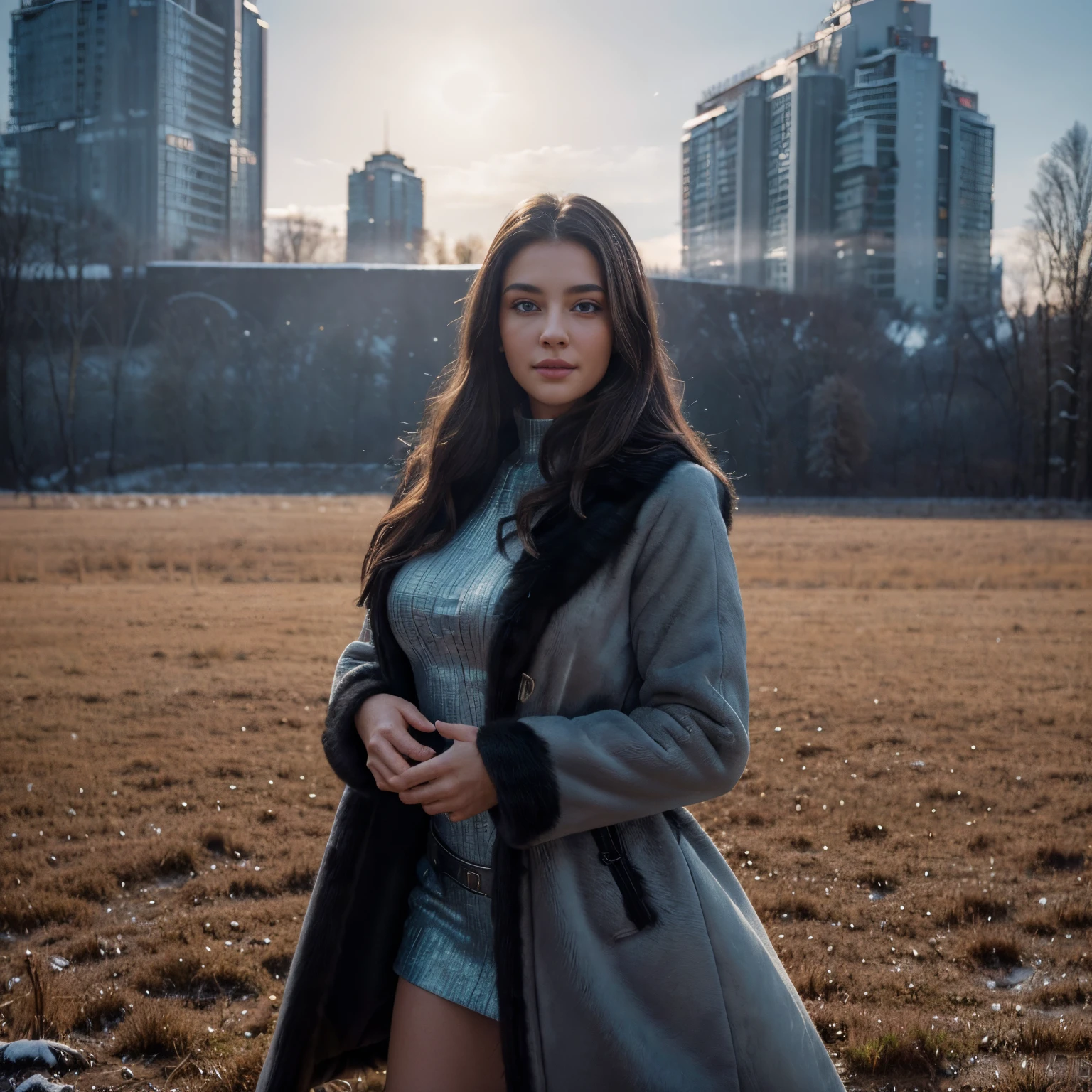 Masterpiece, (((full figure supermodel visible full body shot))), (((magical lighting action shot))) (((beautiful fit pale smiling Grey eyes goddess Ukraine woman standing in cold field surrounded in heaven vast fantasy landscape)))  ((city of kyiv Ukraine)), (((wearing a big black fur coat, looking into the camera))) , ((( brunette hair, accurate hands accurate eyes))) moody lighting, blue hour, blue colors, very detailed, dramatic lighting, digital art trending on Artstation 8k HD high definition detailed realistic, detailed, skin texture, hyper detailed, realistic skin texture, armature, best quality, ultra high res, (photorealistic:1.4), high resolution, detailed, raw photo, sharp re, nikon d850 film stock photograph 4 kodak portra 400 camera f1.6 lens rich colors hyper realistic lifelike texture dramatic lighting unrealengine trending on artstation cinestill 800, (((accurate female anatomy, perfect eyes))) (((500px, fstoppers, photosight.ru, iso noise)))