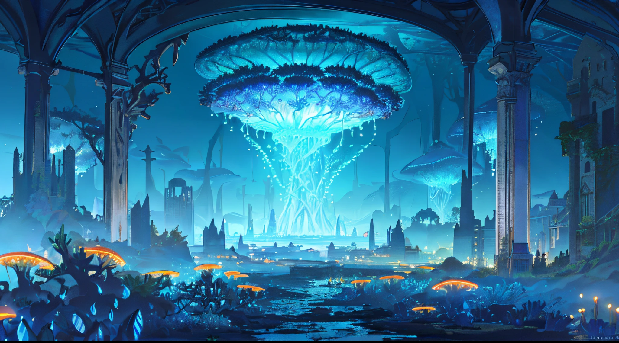Masterpiece, High Quality, Ocean Forest, City, Fantastic Fantasy, Glowing Plants, Coral Viaduct, (Swarm of Glowing Jellyfish), (Shoal of Fish with Transparent Wings Flying in the Sky), Misty, Extreme Detail, Morning Light, Epic Composition, (Intricate Detail), (Intricate Design, Ultra Detail: 1.2), Art Station, (Masterpiece, Best Quality), Ultra HD, 32k ,castle,relic ,(Underworld),Underground --v 6