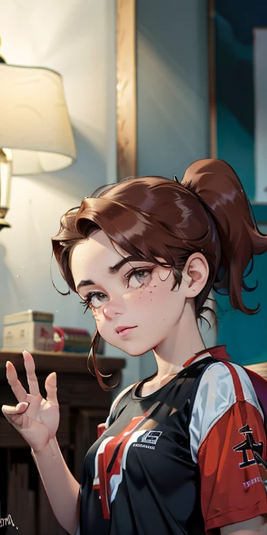 Photo of a -yeld Euean girl, .RAW, beautiful woman, (Light brown hair with ponytail hairstyle ), peinado de cola de caballo ((retrato)), ((Cara detallada:1.2)), ((Detailed facial features)), (Piel finamente detallada), con pecas en mejillas y pecho ,parque,、ropa reveladora transparente , ropa sexy、senos grandes , pechos grandes , gran sonrisa (cool color), humid, humid, Reflectores, (Masutepiece) (proporciones perfectas)(fotos realistas)(La mejor calidad) (Detallado) fotografiado con una EOS R5 de Canon, Lente de 50 mm, f/2.8, NffSW, (8k) (papel tapiz) (cinematic lighting) (Dramatic lighting) (foco nítido) (Enrevesado) , sosteniendo palo de hockey, estadio de hockey ,cuerpo completo, hermoso cuerpo de mujer , Posing and waving to the camera , hermosa desnudes