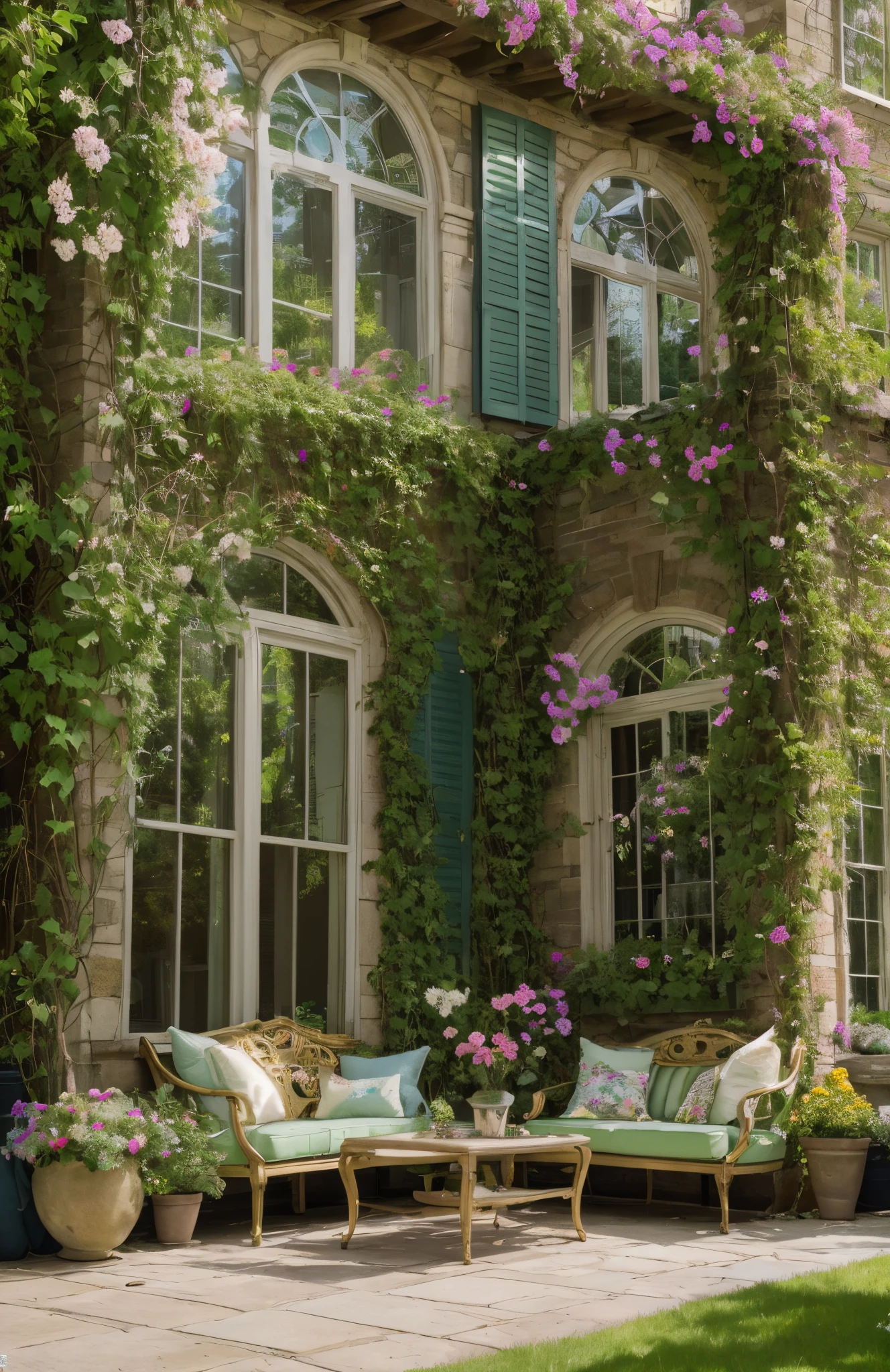 Architectural Digest photo of a maximalist green {vaporwave/steampunk/solarpunk} ((outside of a classic house ))with large arched windows,with flowers and plants, golden light, hyperrealistic surrealism, award-winning masterpiece with incredible detail, breathtaking epic