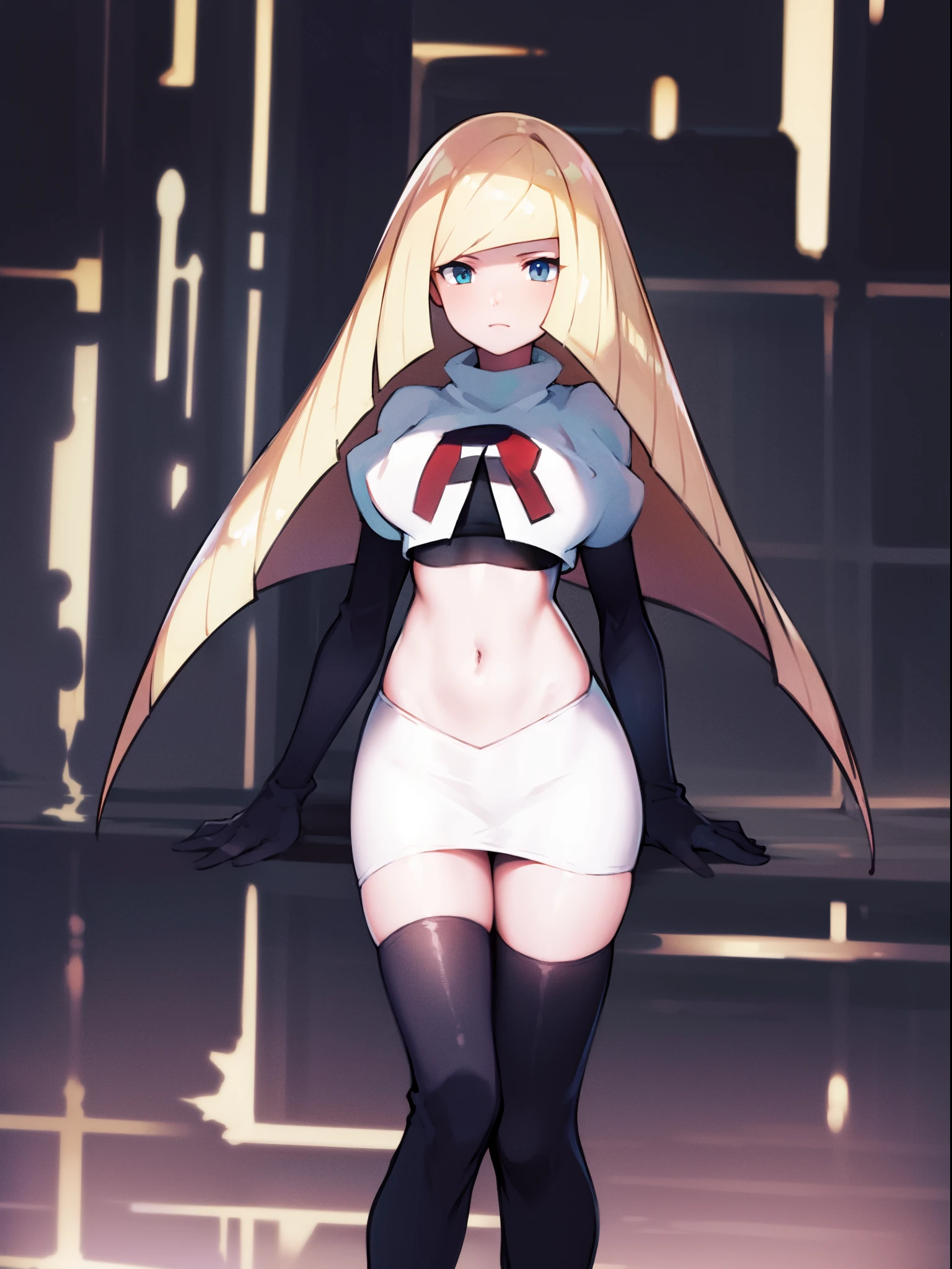 pokemonlusamine,team rocket,team rocket uniform,white skirt,crop top,black thigh-high boots,black elbow gloves,