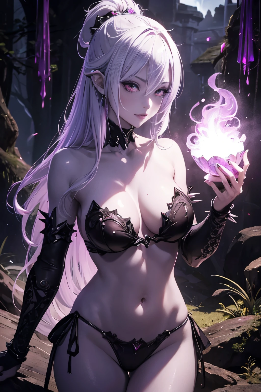 Beautiful Alluring female drow knight, Mythology Theme, Fantasy Theme, purple Skin, fair long white hair, red eyes, a cup size extremely small breasts, Inside A magical dark bioluminescent mushroom forest, Barely Clothed, gothic spiked bikini armor, Beautiful D&D Character Portrait, Beautiful Fantasy, Detailed, Digital Art, Extreme Detail, Polished, Beautiful, Hyperdetailed, Intricate, Elaborate, Meticulous, Anime Character, Detailed, Anime Face, Sharp Focus, Unreal Engine, 3d Rendered, Volumetric Lighting, Reflections, Glossy, Digital Illustration, Sensual Pose, Suggestive Pose, Full Body Shot, small perky breasts, anatomically correct 💖❤💕💋❣