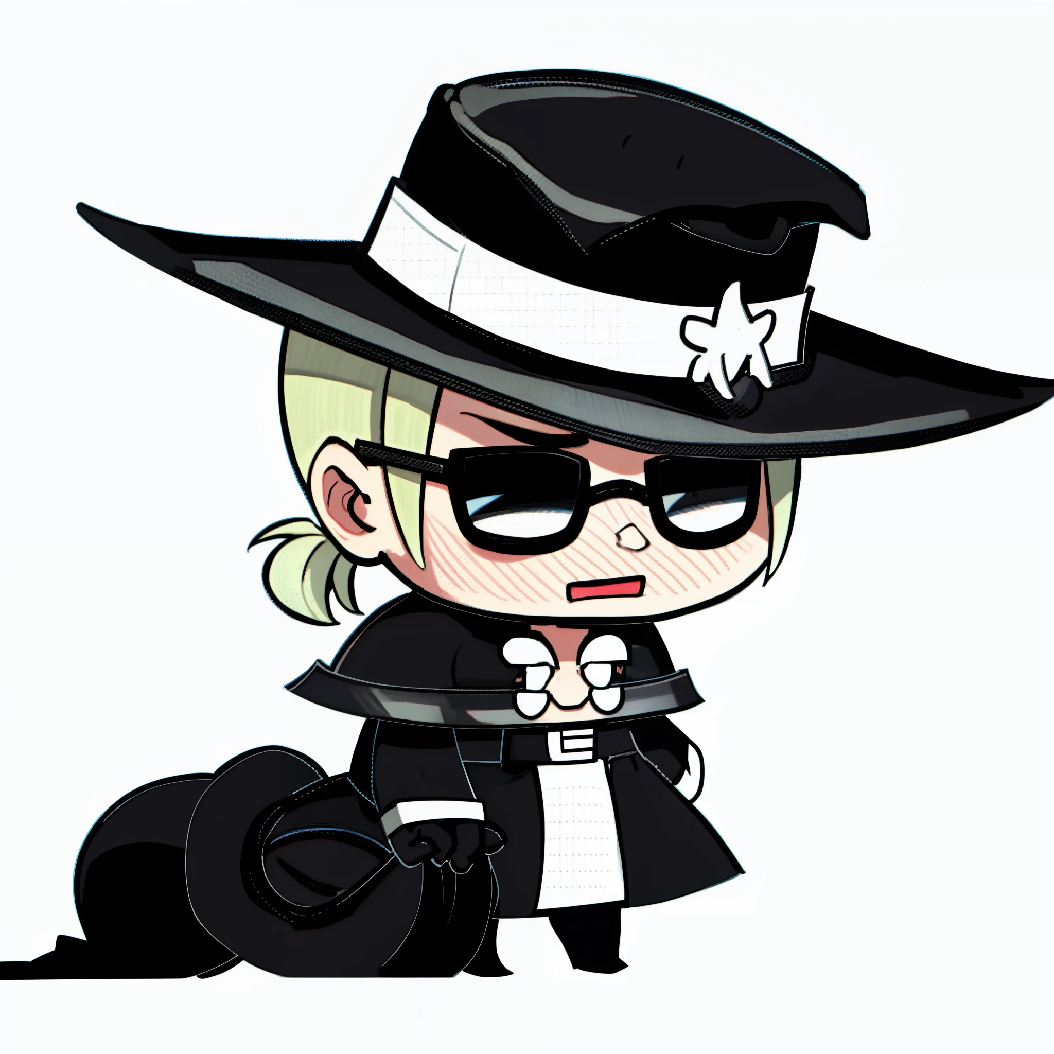 masterpiece, best quality, highres, PadoruMeme, 1boy, solo, 1sack, (detailed white sack:1.4), (holding sack:1.3), Johnny, (black clothes:1.6), :d, blonde hair, low ponytail, (sunglasses:1.3), brown gloves, Johnny, (perfect cowboy hat:1.5), (Open coat:1.4), (perfect pectorals:1.3), full body, (simple white background:1.5)