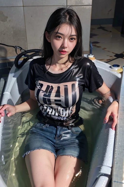 girl in bathtub,  legs open, black hair, 20 years young, asian woman wearing jeans and t-shirt and high heels,  (realistic:1.3), (photorealistic:1.3), ultra-detailed, (high detailed skin:1.2), 8k uhd, dslr, soft lighting, high quality,