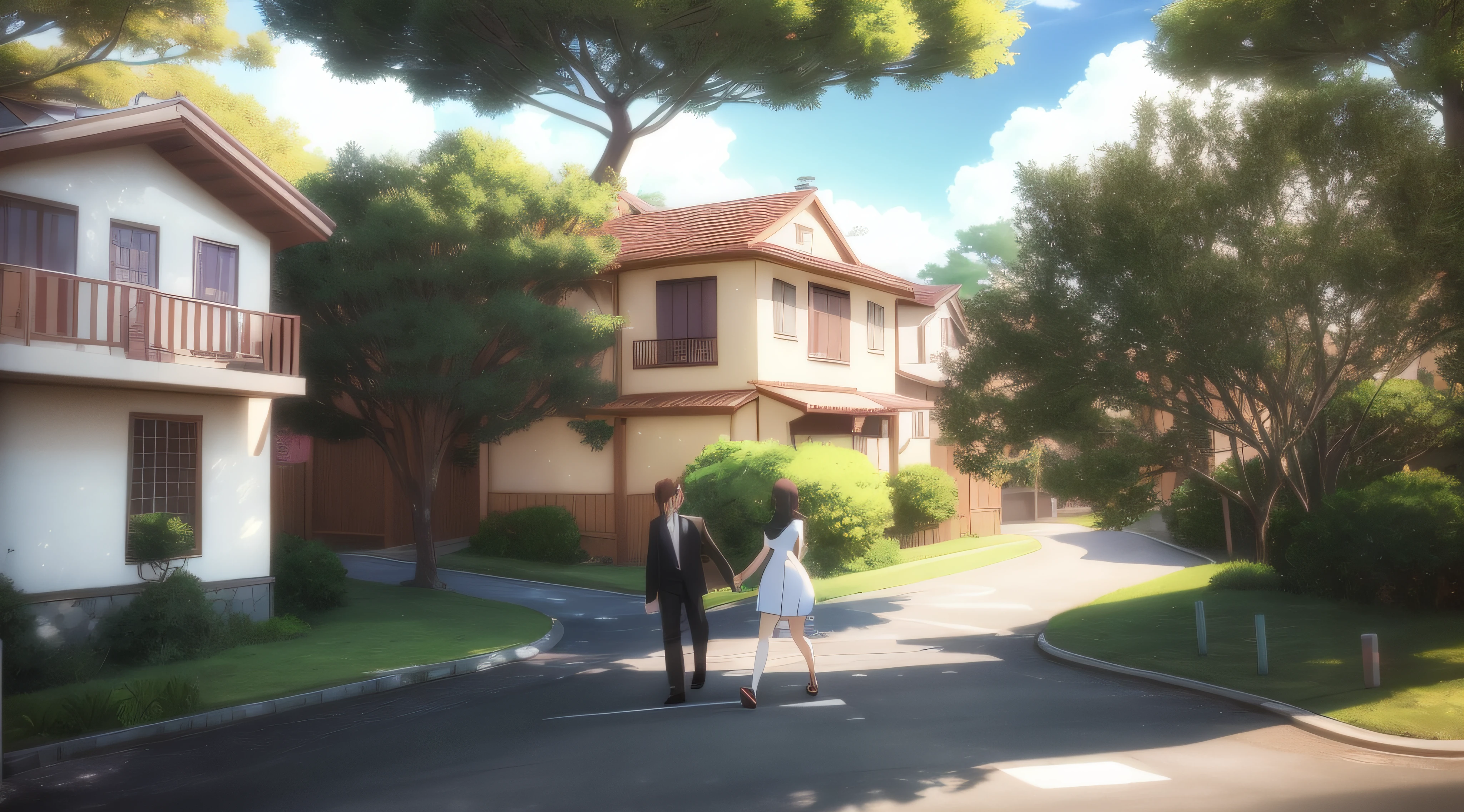 there is a man and a woman walking down the street, realistic anime 3 d style, walking through a suburb, in style of makoto shinkai, made with anime painter studio, painted in anime painter studio, 3 d anime realistic, residential area, studio ghibli sunlight, photorealistic screenshot, anime realism style, inspired by Makoto Shinkai, photorealistic streetscape