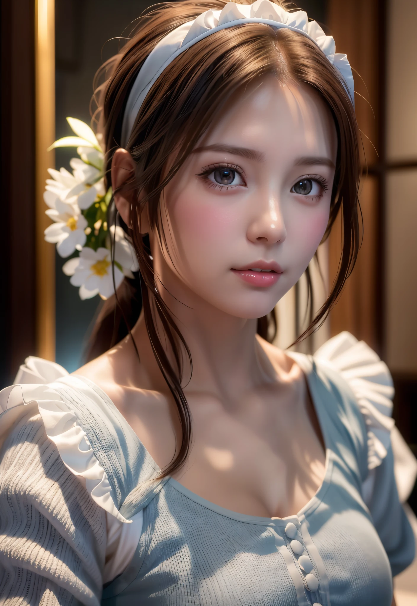 8K, of the highest quality, masutepiece:1.2), (Realistic, Photorealsitic:1.37), of the highest quality, masutepiece, Beautiful young woman, Pensive expression, Gentle eyes, Cute Maid Clothes, Hair tied back, feeling radiant, Cinematic background,, Light skin tone