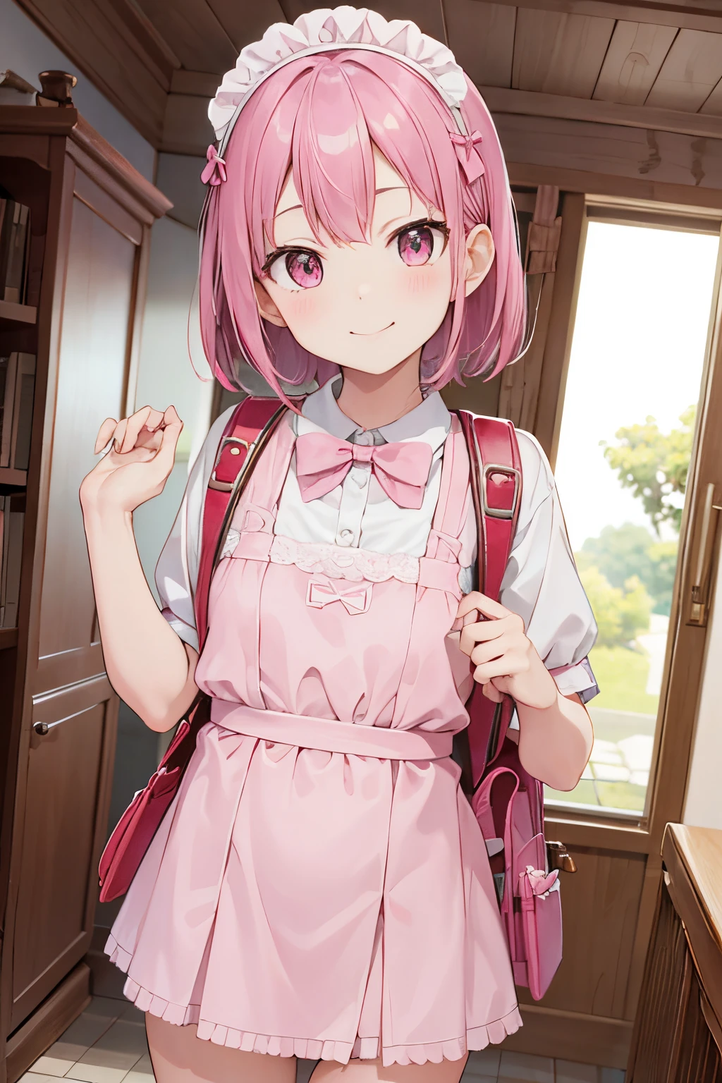 (masutepiece), Best Quality, High resolution, Highly detailed, Detailed background, Perfect Lighting, Indoor, 1girl in, Petite, Looking at Viewer, Petite, Maid Uniform, Adorable smile, Wearing a pink school bag backpack, (Randoseru Backpack:1.0)