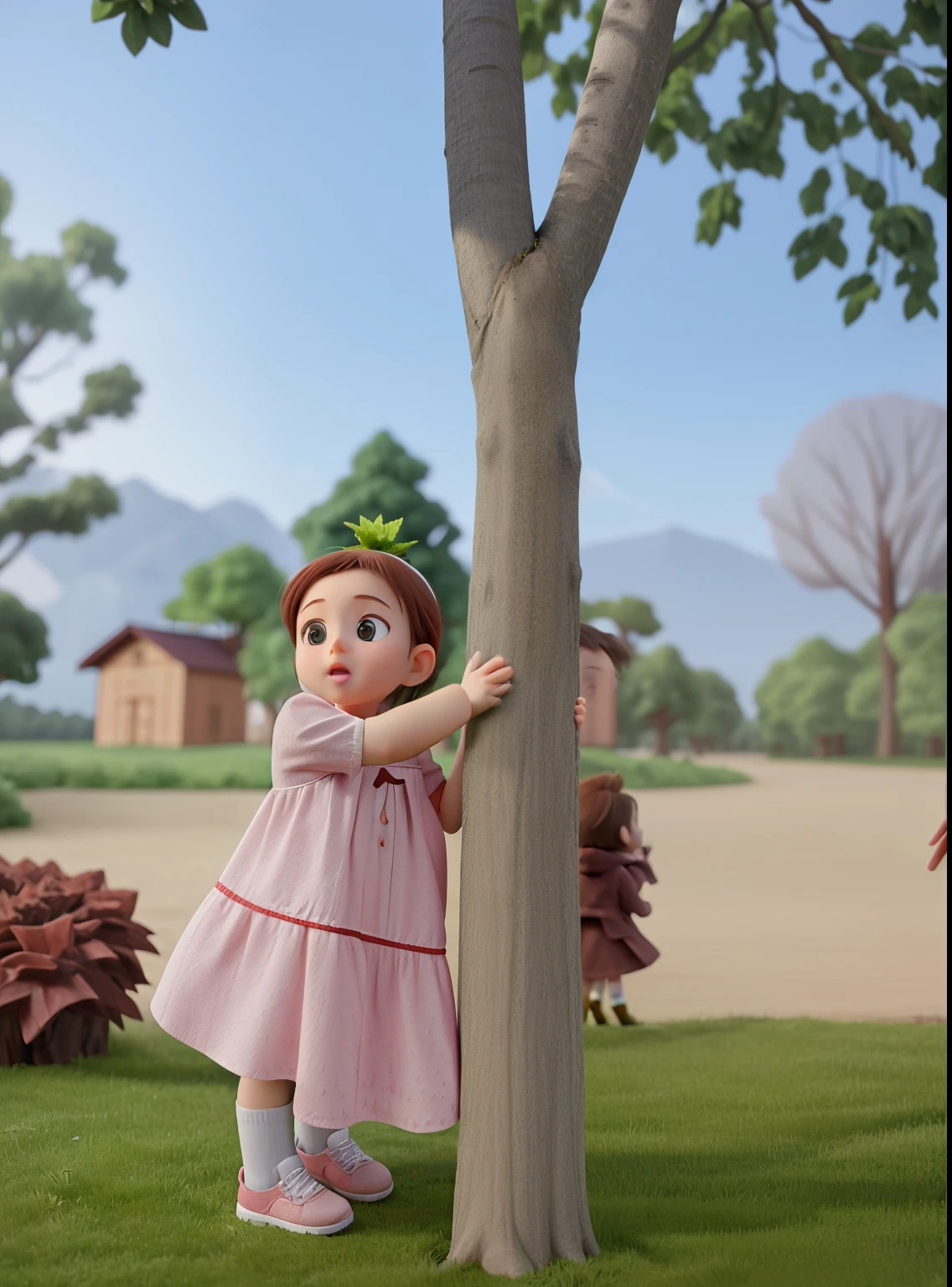 there is a  who is standing next to a tree, with a tree in the background, next to a tree, with a tall tree, tree in the background, trees in the background, tiny girl looking on, climb a tree, against the backdrop of trees, Directed by: Nandor Soldier, no Parque, on a tree