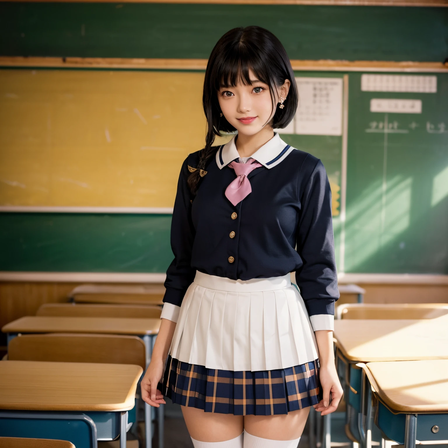 (masterpiece、high-level image quality、hightquality),(A Japanese Lady,cute little:1.5,Idol:1.5),(((Huge breasts :1.10))), 8K Video, Raw photo, low angle shot, (( a short skirt:1.6)), ((Japan Girls' High School Uniform、Sailor School Uniform)), (Perfect body、perfect anatomia、Beautiful limbs、Beautiful skin), Clear black eyes, Professional filming, (dressed as schoolgirl、Standing),(((open a book and put it on your head、Holding the book with both hands、mischievous grin))),Midsummer Day, Realistic Eros, Take a sexy pose, Full body, Nice skin, Glowing skin, lovely thighs,glowing thigh, shining legs, ((in class room)),((modeled))、