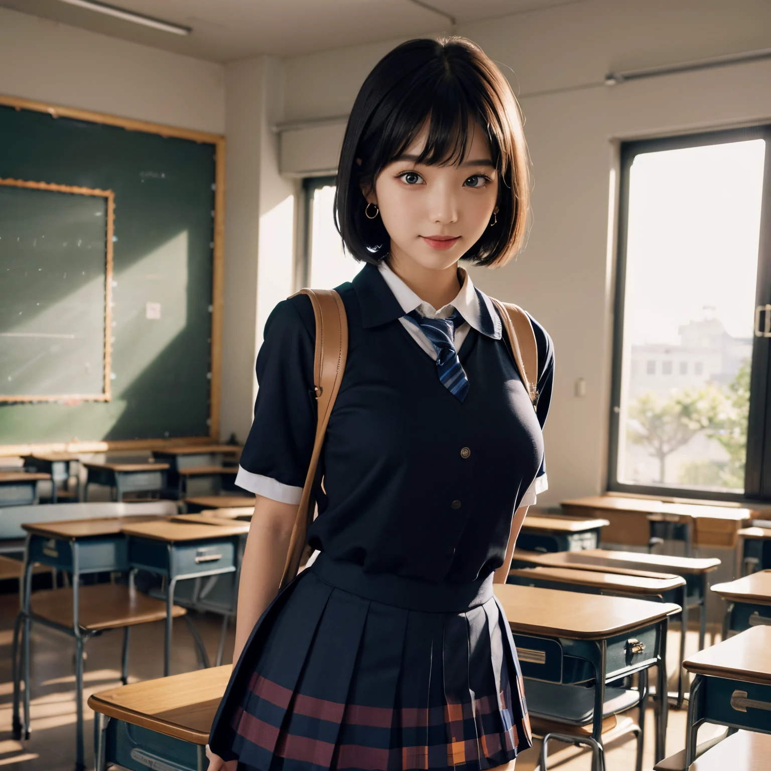 (masterpiece, best quality:1.37), highres, ultra-detailed, ultra-sharp, BREAK, Japanese school girl model, 1girl, (black hair, short hair, bangs), blue eyes, jewelry, earrings, piercing, BREAK, ((detailed school girl uniform:1.5), collard sailor shirt, pleats skirt, lovely look), grin, light smile, parted lips, pink lipstick, BREAK, standing, cowboy shot, arms behind back, arms behind on hip, detailed human hands, HDTV:1.2, ((detailed school room background:1.3)), 8 life size, slender, anime style, anime style school girl, perfect anatomy, perfect proportion, inspiration from Kyoto animation and A-1 picture,