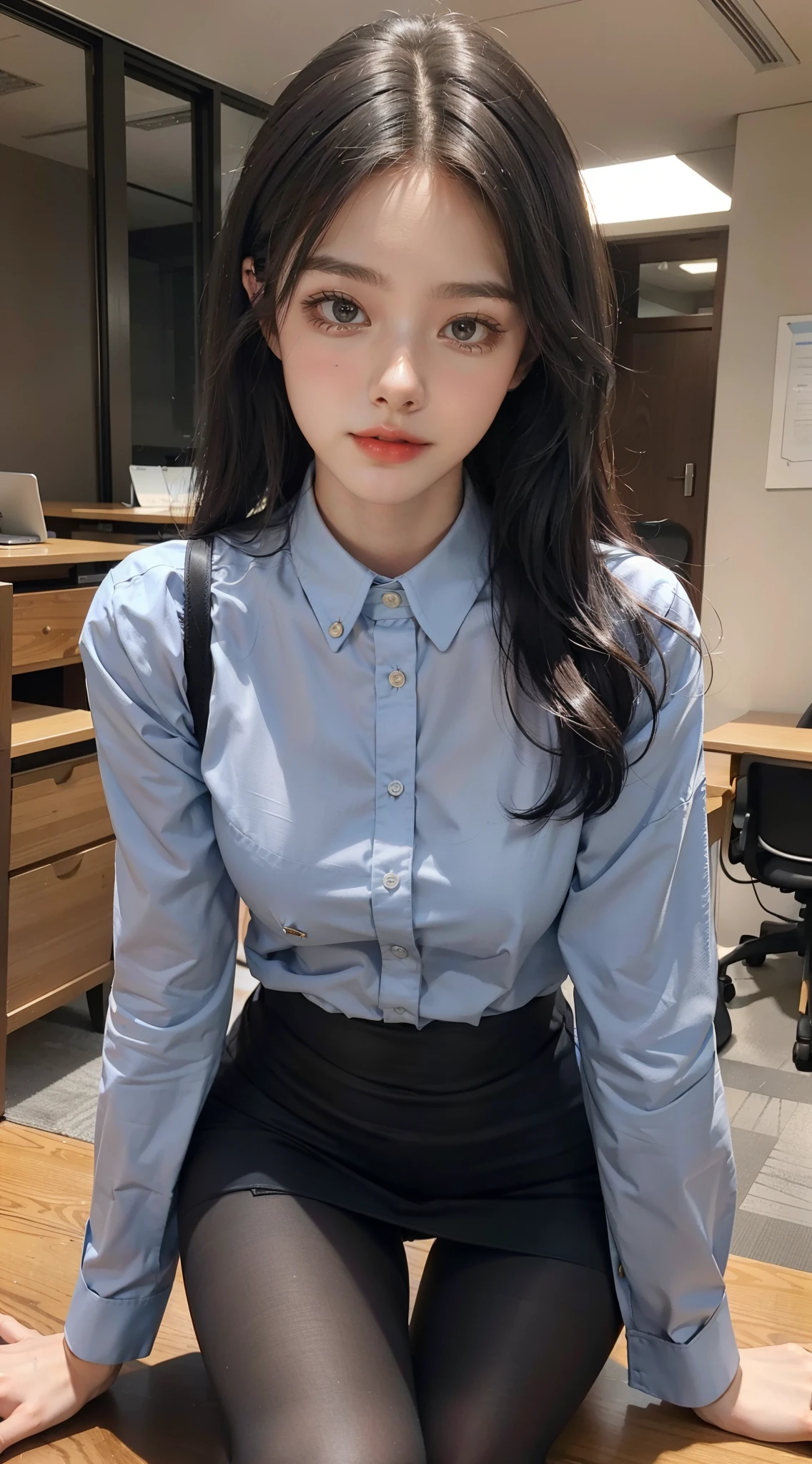 Best quality, Full body like,delicated face,Nice face,25-year-old woman,Slim figure,Smaller bust,office lady uniform,office attire,Black tights,exterior,Sit Pose,blue long hair