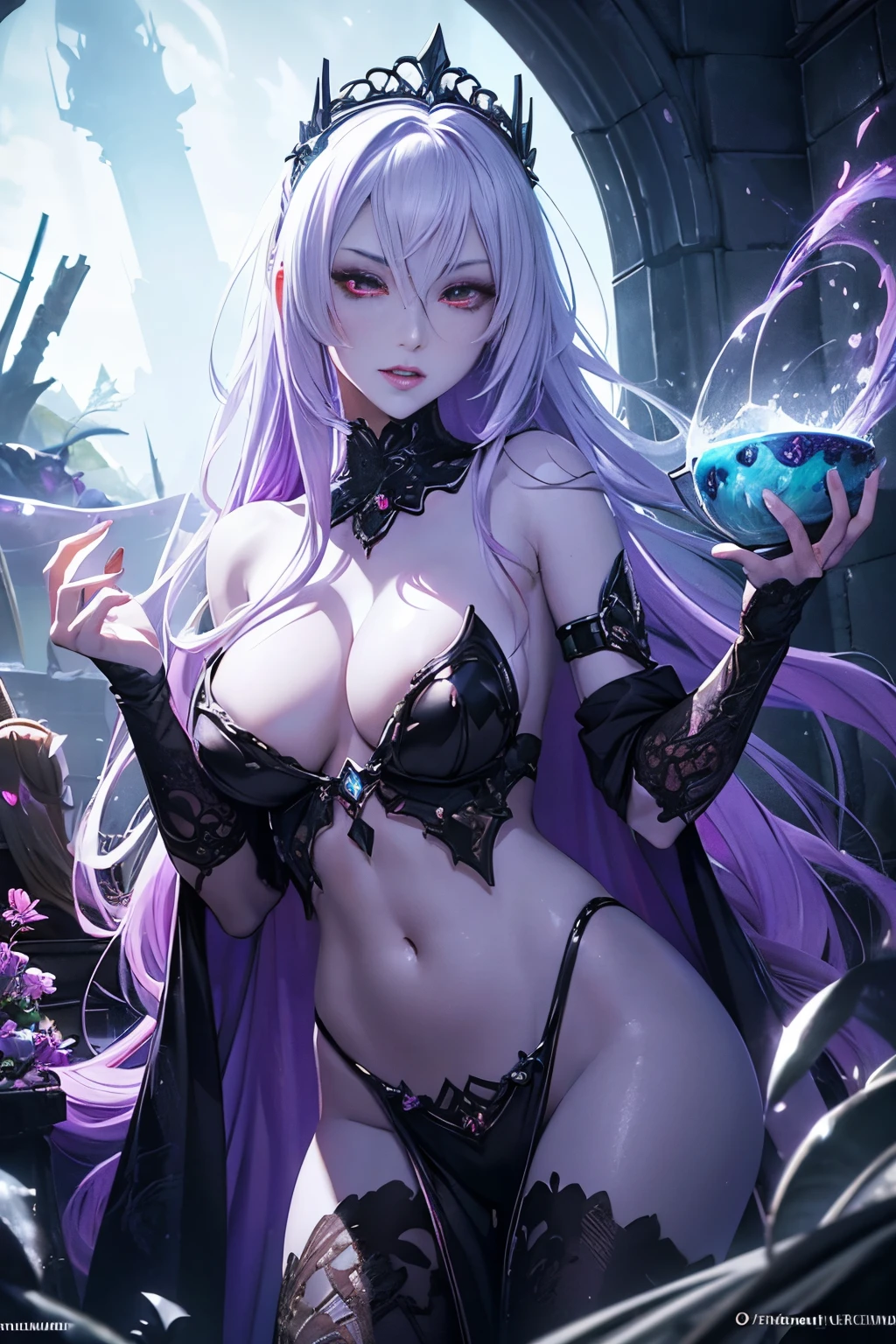 Beautiful Alluring female drow knight, Mythology Theme, Fantasy Theme, purple Skin, fair long white hair, red eyes, a cup size extremely small breasts, Inside A magical dark bioluminescent mushroom forest, Barely Clothed, gothic spiked bikini armor, Beautiful D&D Character Portrait, Beautiful Fantasy, Detailed, Digital Art, Extreme Detail, Polished, Beautiful, Hyperdetailed, Intricate, Elaborate, Meticulous, Anime Character, Detailed, Anime Face, Sharp Focus, Unreal Engine, 3d Rendered, Volumetric Lighting, Reflections, Glossy, Digital Illustration, Sensual Pose, Suggestive Pose, Full Body Shot, small perky breasts, anatomically correct 💖❤💕💋❣