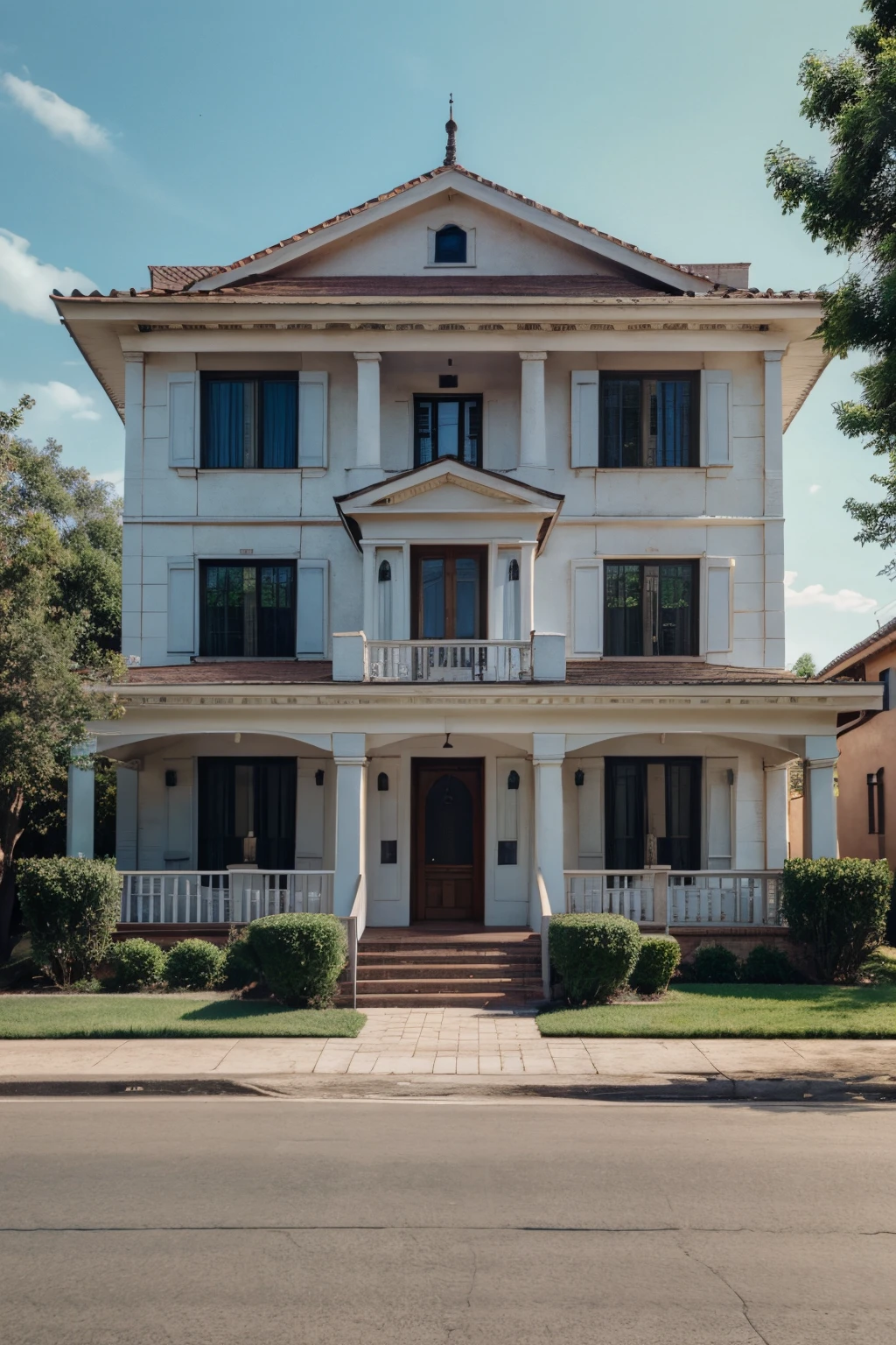 Front view realistic house 90's architecture 4k cinematic day