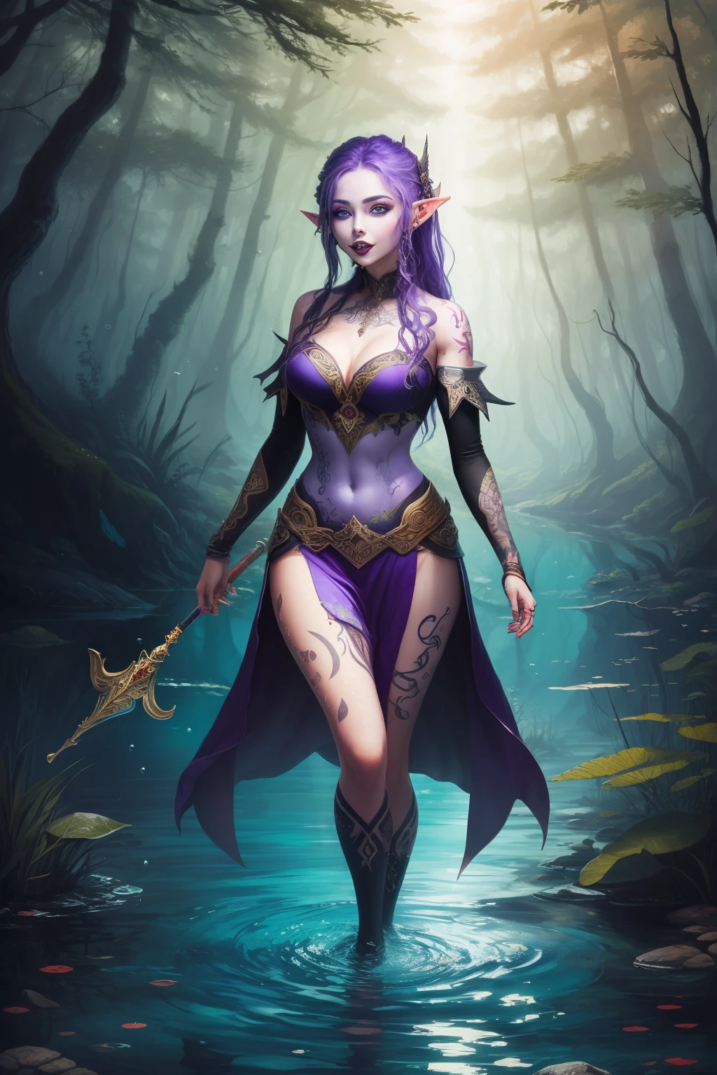 (masterpiece), best quality, expressive eyes, perfect face elf woman with purple skin and tattoos show her tongue while swimming in forest lake, fantasy background, fantasy style, full body, long legs