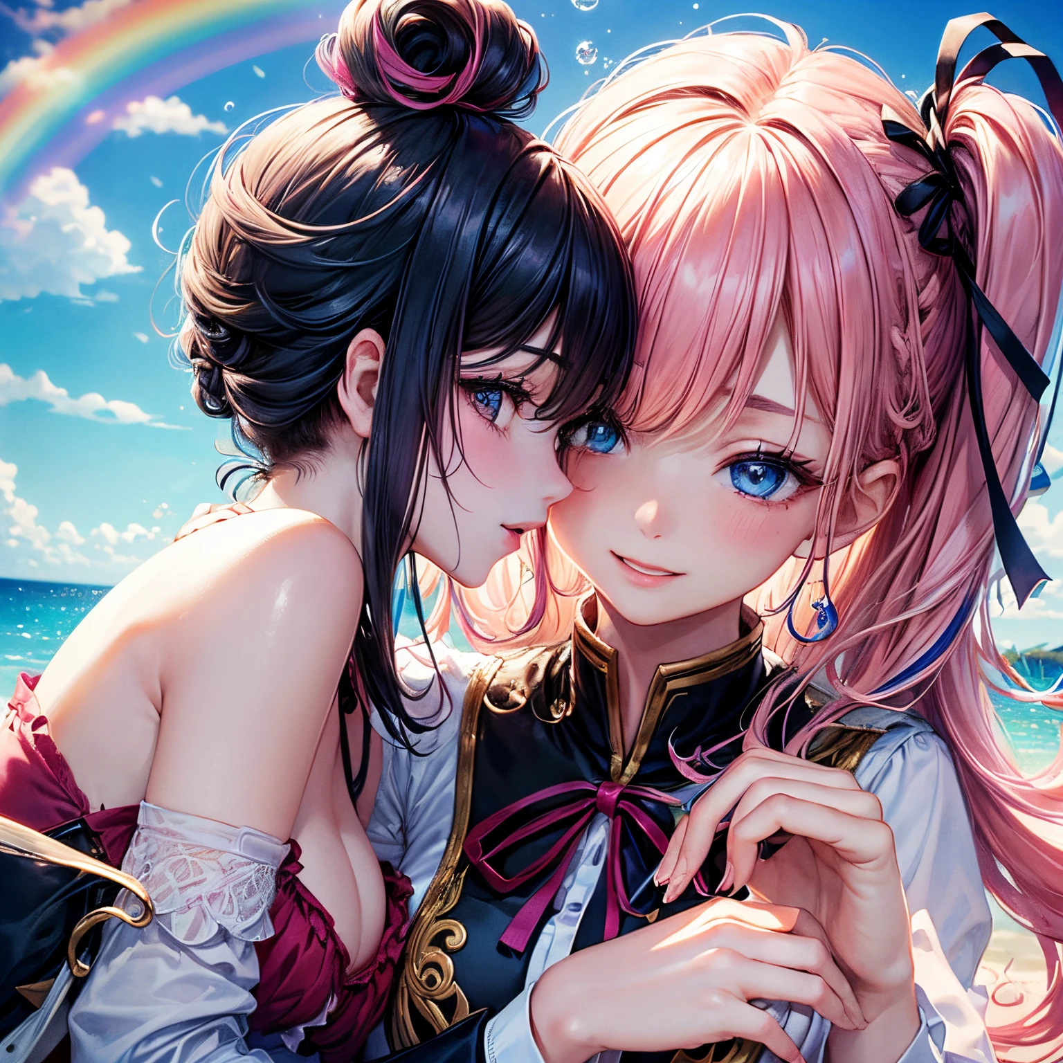 (Beautiful detailed eyes,Beautiful detailed lips,extremely detailed eye and face,longeyelashes,Cute girl in ribbon uniform,Cute uniform,Blazer,laughing loud,attractive girl,Best Quality,busty,masutepiece:1.2,stunning figure,Erotically cute,Ultra-high resolution,Gorgeous girl,Lovely girl,Multi-colored hair,Relaxation Socks,High resolution,gorgeous eyes,Perfect beauty) (masterpiece、top-quality、top-quality、watercolor paiting(Curly)、Official art、Beautifully Aesthetic:1.2)、(2girl with:1.3)、(Fractal Art:1.3)、The upper part of the body、From Side、looking at the viewers、patterns、(rainbow-colored hair、colourful hair、half white and half pink hair:1.2)、4This refers to、Thumb joint、Eau、gases、云、colourfull、Soap bubbles、Deep kissing、I'm、violate、Detailed panties