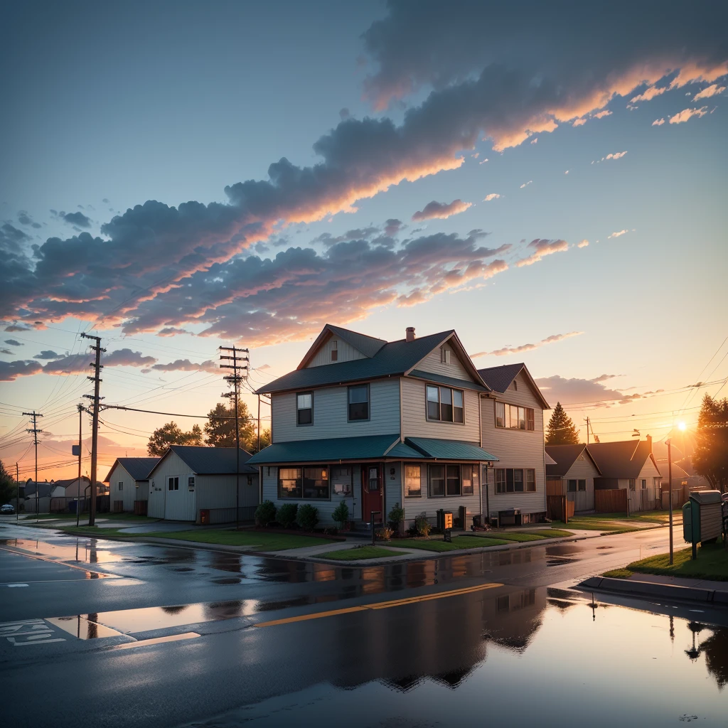 no people, scenery, cloud, sky, reflection, outdoors, sunset, caption, cloudy sky, sign, power pole, wery small houses, power lines, road sign, blue sky, street of a small township in northern usa, many trees, green grass, sunset, landscape, horizon, lens flare, warm colors, warm tones