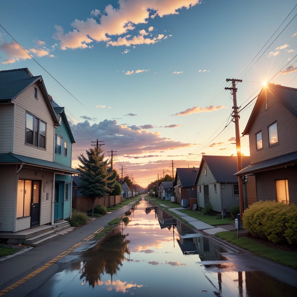 no people, scenery, cloud, sky, reflection, outdoors, sunset, caption, cloudy sky, sign, power pole, wery small houses, power lines, road sign, blue sky, street of a small township in northern usa, many trees, green grass, sunset, landscape, horizon, lens flare, warm colors, warm tones
