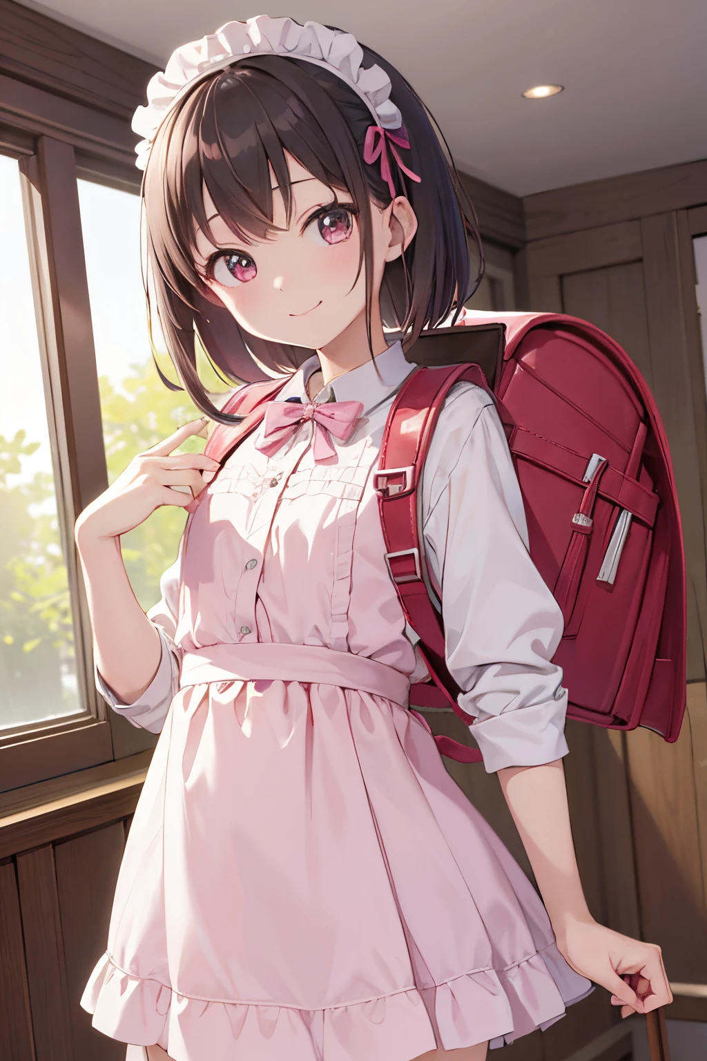 (masutepiece), Best Quality, High resolution, Highly detailed, Detailed background, Perfect Lighting, Indoor, 1girl in, Petite, Looking at Viewer, Petite, Maid Uniform, Adorable smile, Wearing a pink school bag backpack, (Randoseru Backpack:1.0)