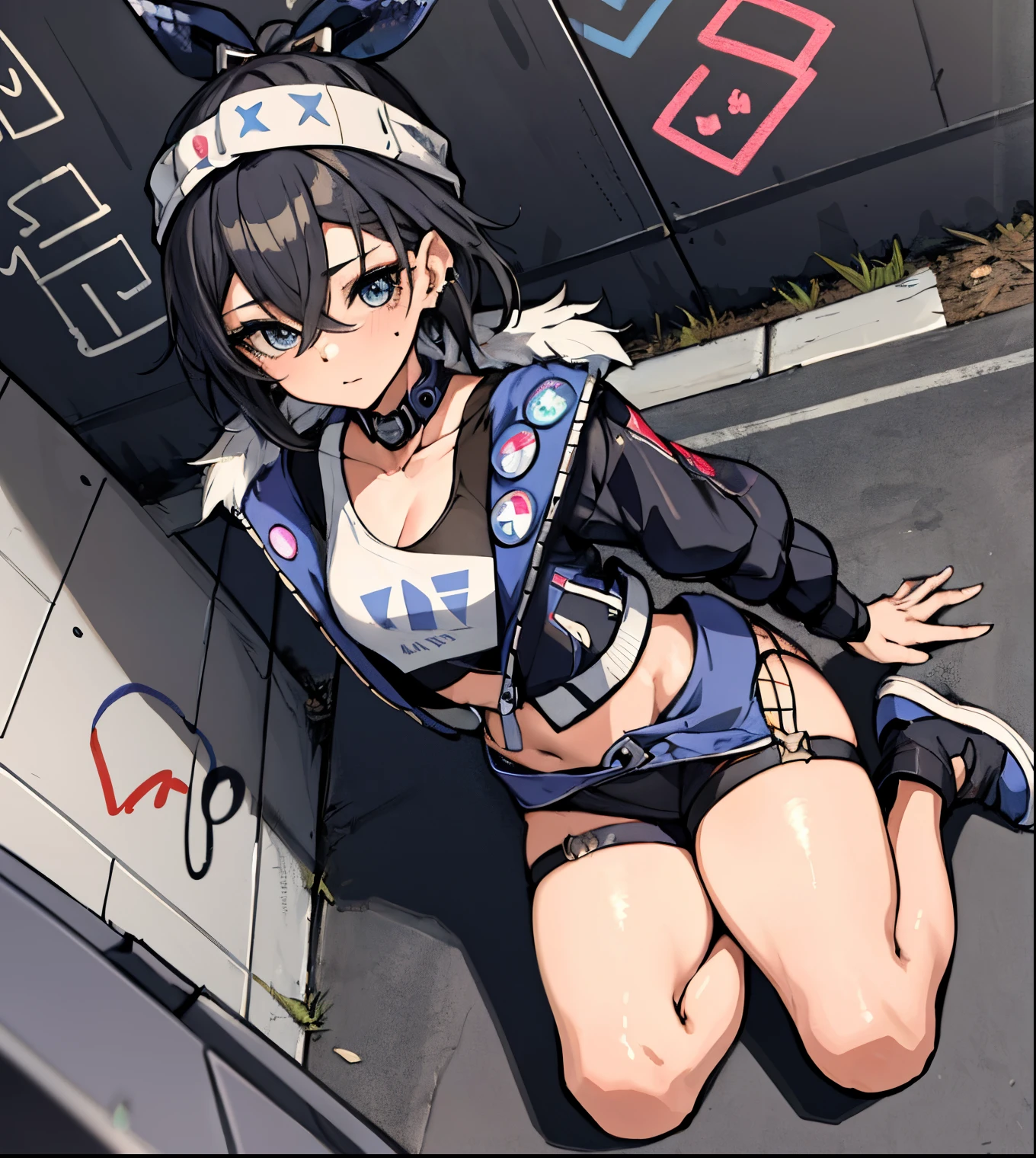 (masterpiece:1.2, best quality), (graffiti wall:1.15), 1lady, beanie, jacket, Leggings, blue eyes, fullbody,