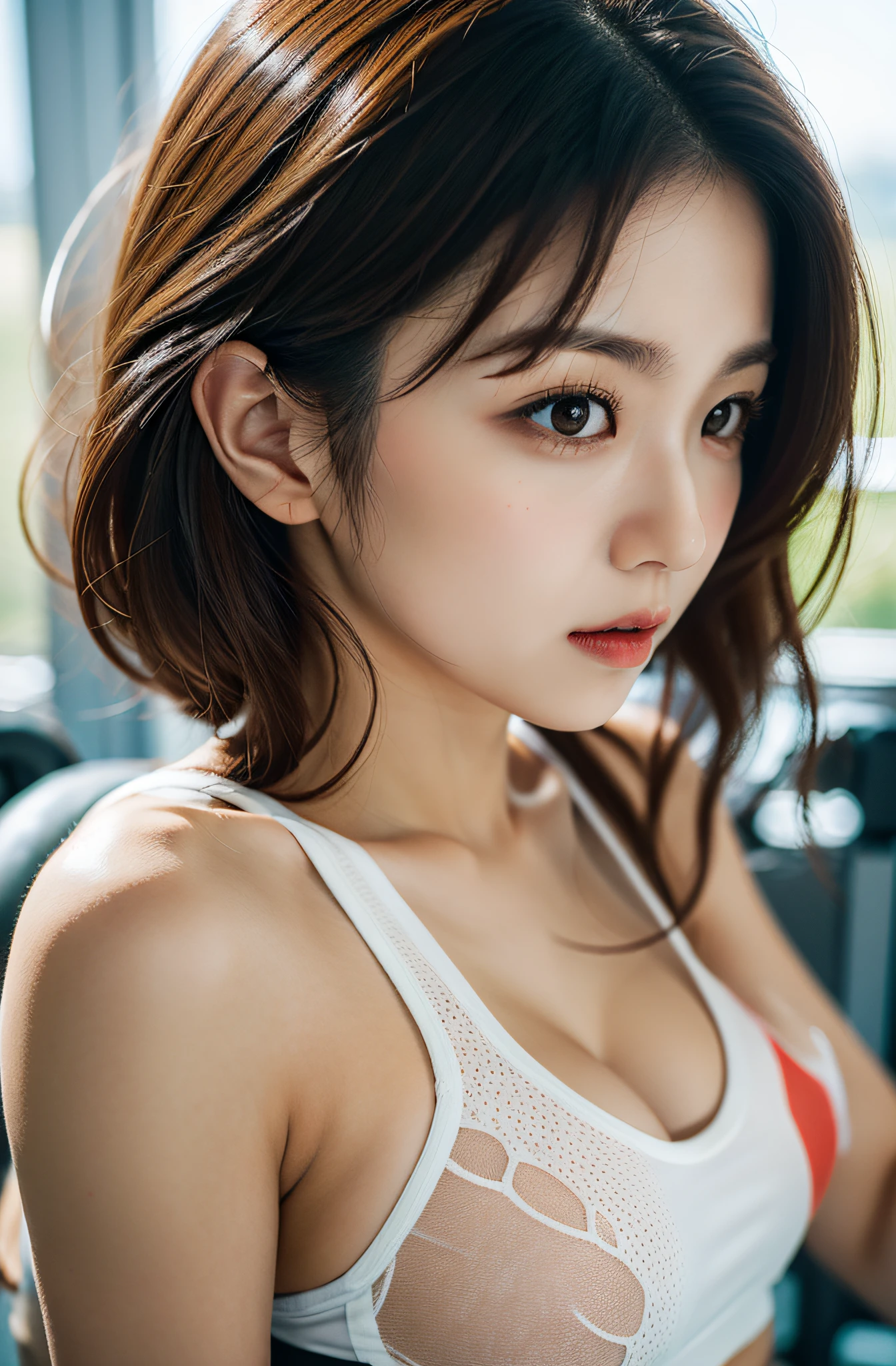 Exposed nipples、Capturing the essence of Eri Kamei'Photorealistic scenes、Morning Musume。, Dressed in trendy gym attire for a personal training session. Imagine her today, fully equipped gym, Showing off her fitness routine. The image should emphasize her beauty and charm, Look at her athletic ability. Achieve superior image quality with the Canon EOS R5 camera, Equipped with RF 70-200mm F2.8 lenses to capture crisp details and vibrant colors. The lighting should be bright and natural, Highlights her features and the dynamic range of the gym environment。. The composition should be close-up, We captured her engaging in intense training...., to emphasize her figure、Added a soft bokeh to the background。.. Make sure your image is Ultra HD, fine-textured, Realistic realism, Pin Sharp Focus, Reflects the vibrant energy of a personal training session.