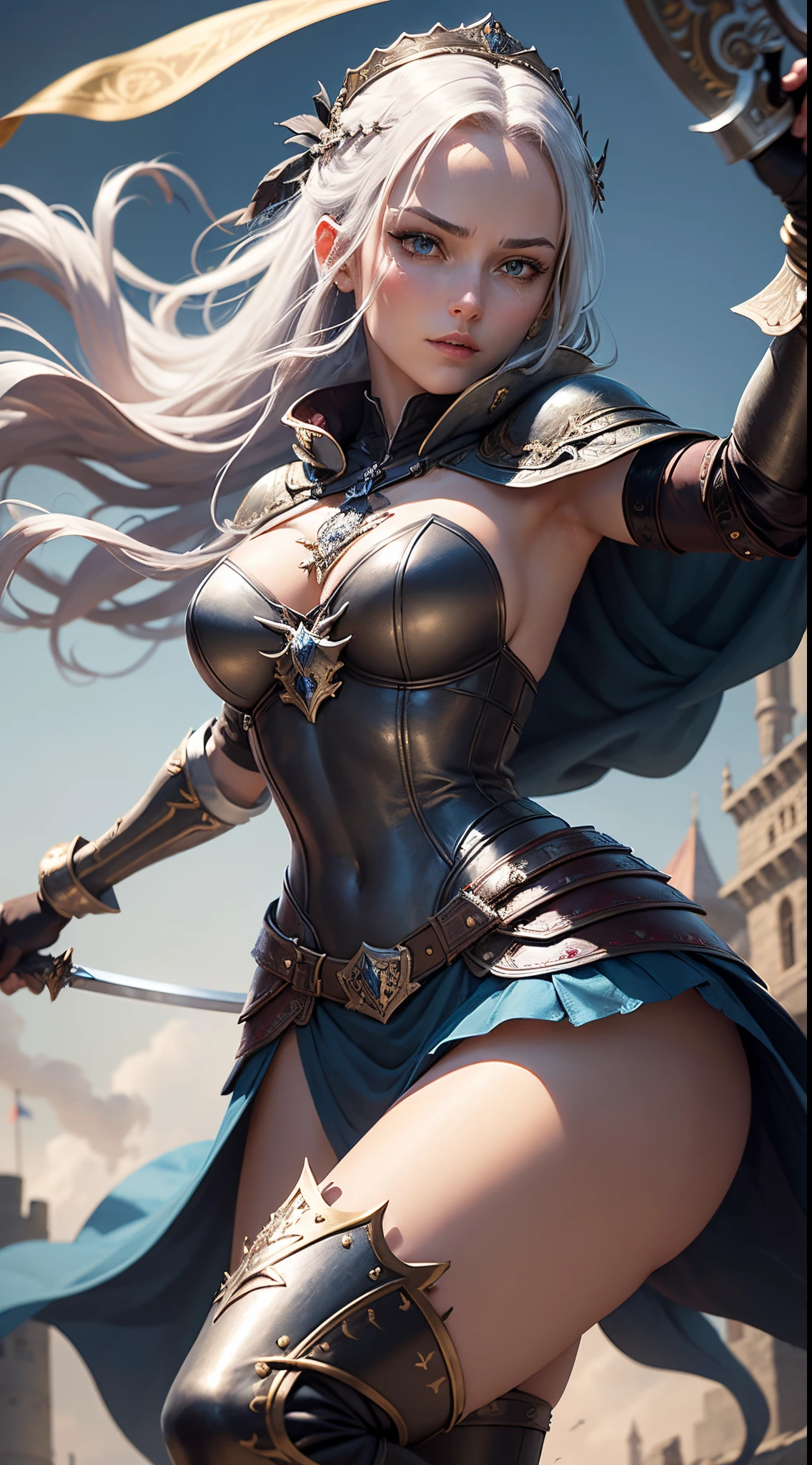 Generate a captivating digital image of a beautiful medieval swordswoman: a striking figure adorned in intricately detailed plate armor with flowing crimson accents, wielding a towering greatsword with an ornate hilt. Her braided platinum hair is complemented by an enchanting raven-feathered cloak, and a circlet adorns her head. With determined and fierce blue eyes, she dual-wields smaller ornate daggers, clad in polished leather gloves and boots. Set in a dynamic action pose on a medieval battlefield, the backdrop features a castle under siege with billowing flags and smoke. The sensual undertone is subtly conveyed through her poised and confident demeanor, adding an alluring touch to the scene.