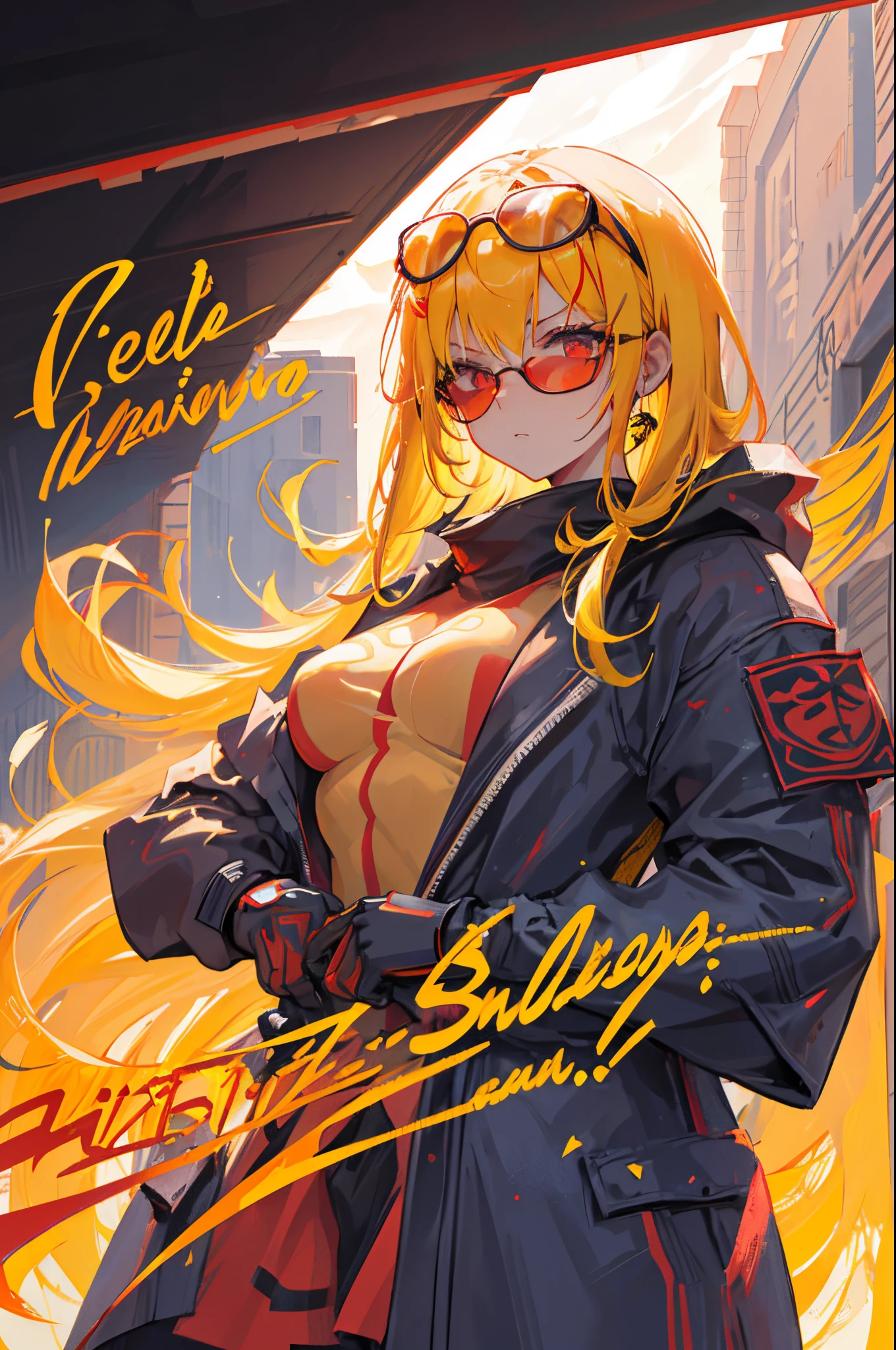 1girl, cool, '((Red sunglasses))', '((glowing red eyes))', '((yellow and black exoskeleton))', '((Augmented cyborg))', '((Girl fused with a wasp))', '((yellow hair color))', wasp wings, wasp tattoo, '((katana))', '((yakuza))',
action scene, '((Slashing))', swing a Japanese sword, katana,
queen bee, supermodel,
《Background》, '((petals fall))'
《upper body angle》