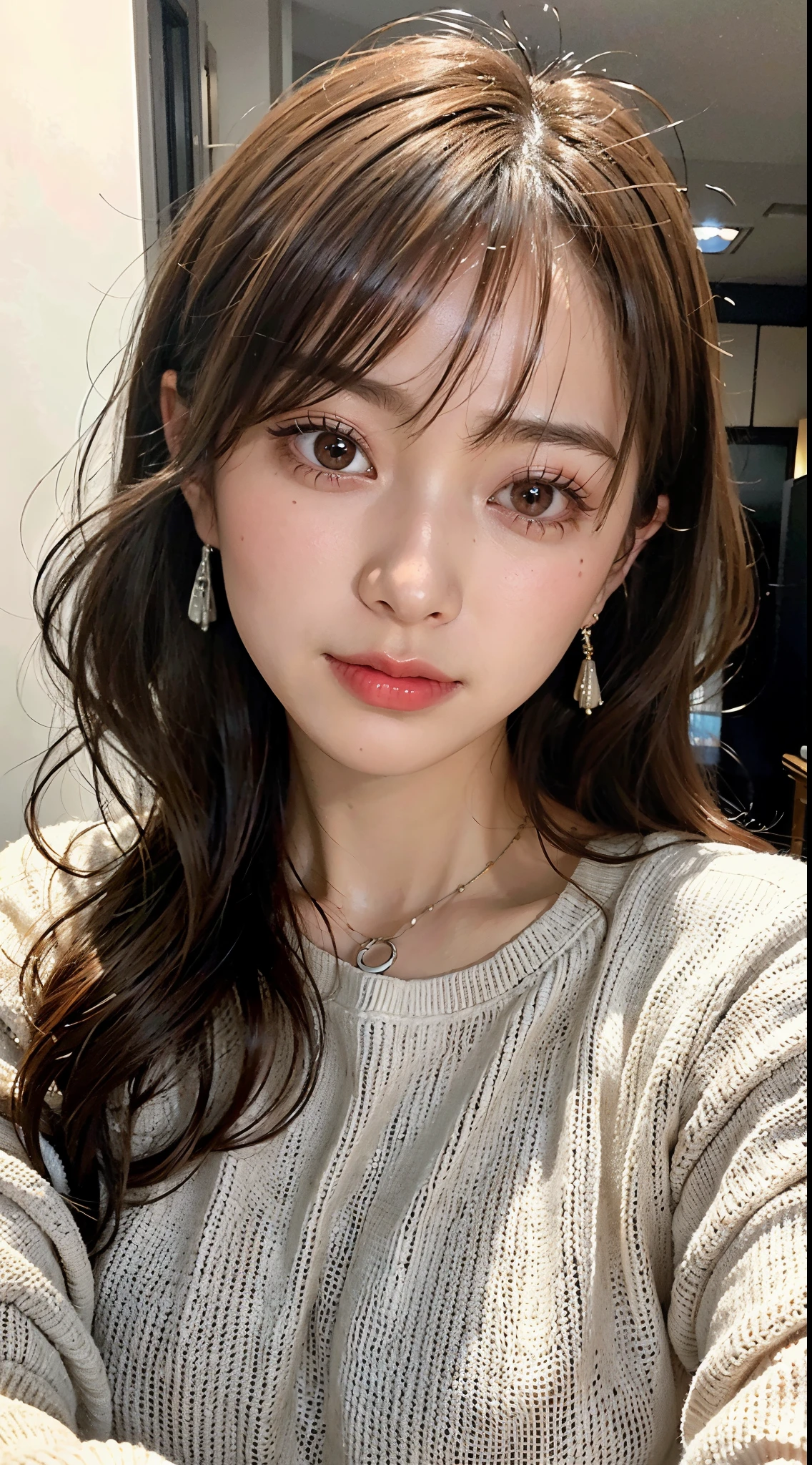 1 Girl, Very bright backlight, Solo, {beautiful-detailed eyes},autumn day, large full breasts, calm expression, Natural light and soft light, Silver hair blowing in the wind, delicate facial features, Blunt bangs, Beautiful Japanese girl, Eye Smile, Very small earrings, 29yo, ((model poses)), Glamour body type,(colorful hair, Half Red, half brown hair:1.2), fluffy grains, Real hands, Masterpiece, Best Quality, Photorealistic, Ultra-detailed, finelydetail, high resolucion,brown messy hair, Perfect dynamic composition, Beautiful detailed eyes, asian girl,((I feel anxious and embarrassed.)),Sharp focus, beauty mix, Filmgirl,Smile,(Wearing an oversized sexy knit sweater,During:1.3),cowboy_Shot