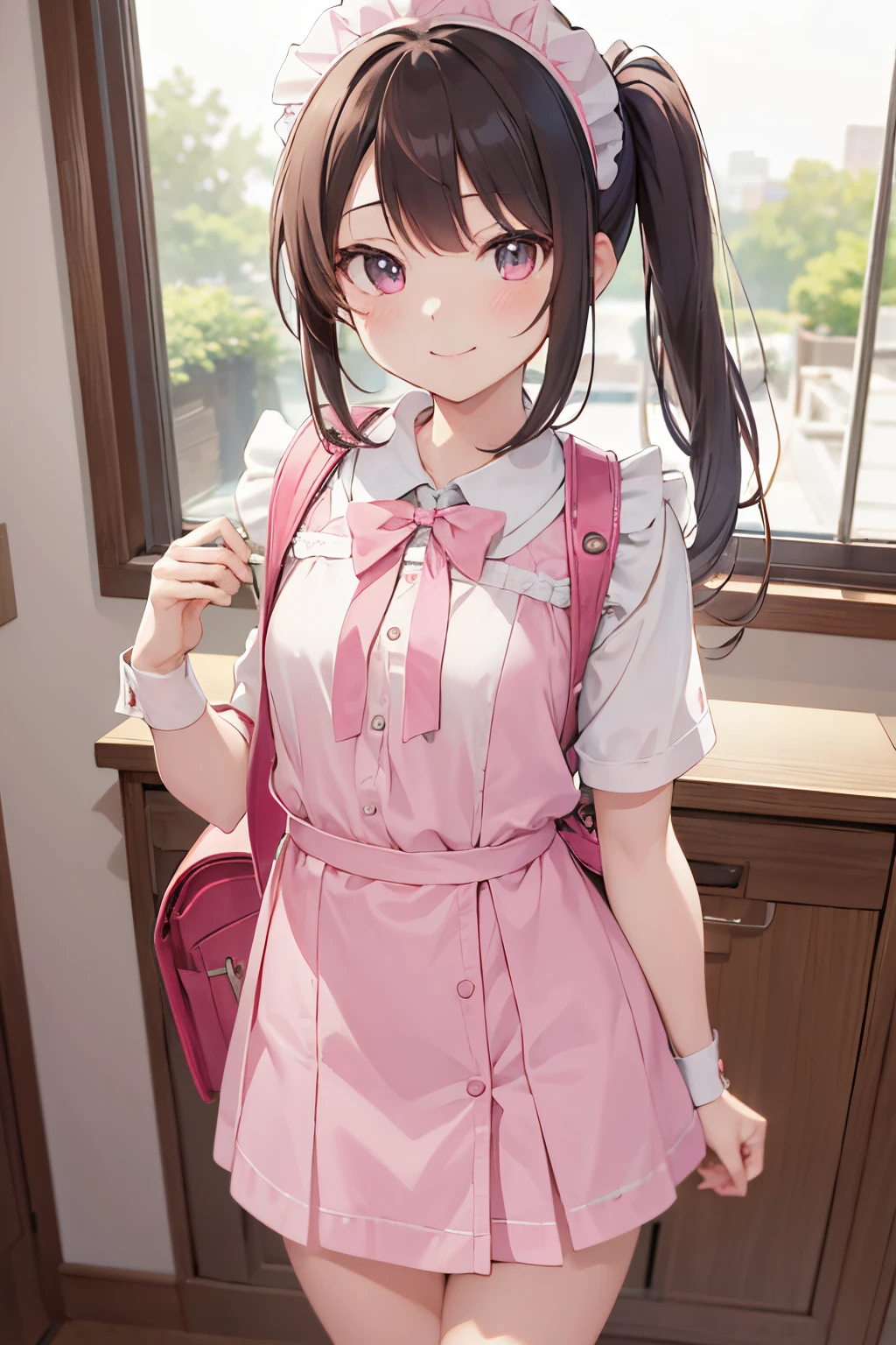 (masutepiece), Best Quality, High resolution, Highly detailed, Detailed background, Perfect Lighting, Indoor, 1girl in, Petite, Looking at Viewer, Petite, Maid Uniform, Adorable smile, Wearing a pink school bag backpack, (Randoseru Backpack:1.0)