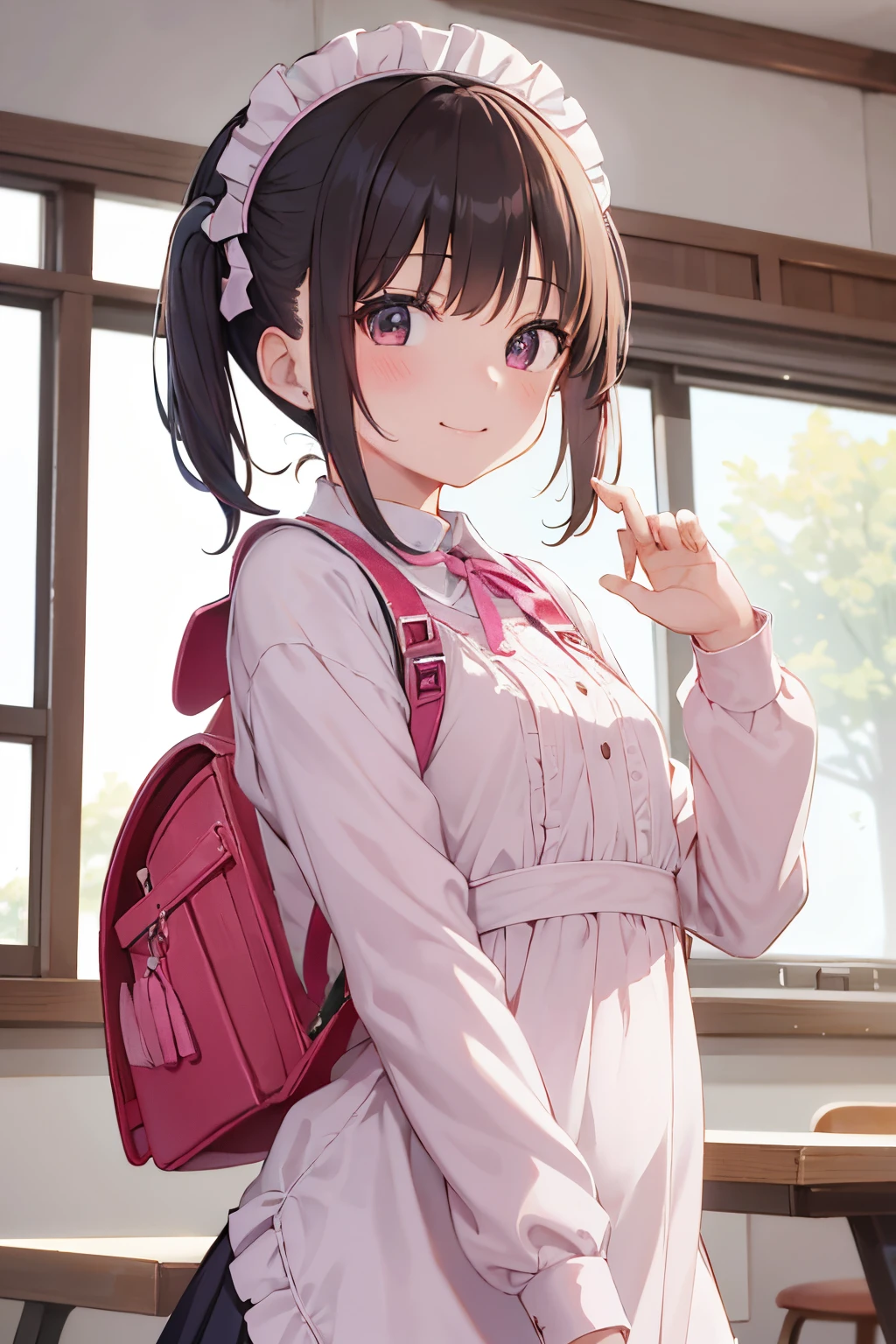 (masutepiece), Best Quality, High resolution, Highly detailed, Detailed background, Perfect Lighting, Indoor, 1girl in, Petite, Looking at Viewer, Petite, Maid Uniform, Adorable smile, Wearing a pink school bag backpack, (Randoseru Backpack:1.0)