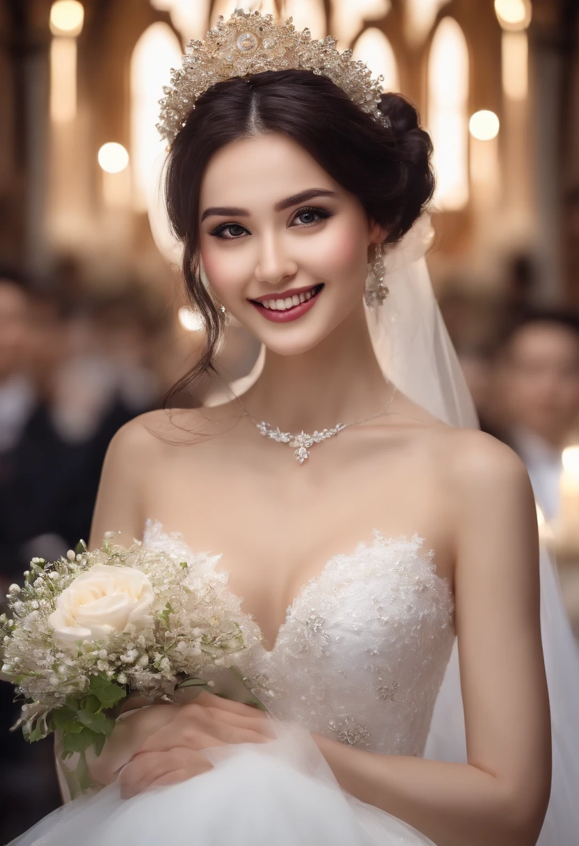 8K, hight resolution, ultra-detailliert, (masutepiece:1.4), Best Quality, Symmetrical body, (sexy in wedding dress:1.4), Choker, fringe tail, Holding flowers, Cute, Solo, earrings, Long hair, Dark purple hair, Brown eyes, glow effect, finely eye, Grinning, Wide smile, Detailed face, Looking at Viewer, smiling at the viewer, In the Church, angled view, Medium size breasts, Teasing the