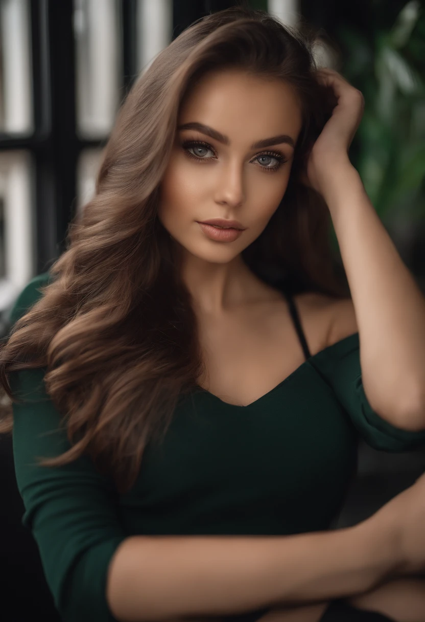 arafed woman sexy girl with green eyes, portrait sophie mudd, brown hair and large eyes, selfie of a young woman, bedroom eyes, violet myers, looking directly at the camera, face with artgram, subtle makeup, piercing green eyes, beautiful angle, attractive pose, cute girl, sexy pose, high detail, satisfied pose, selfie at bar with friends