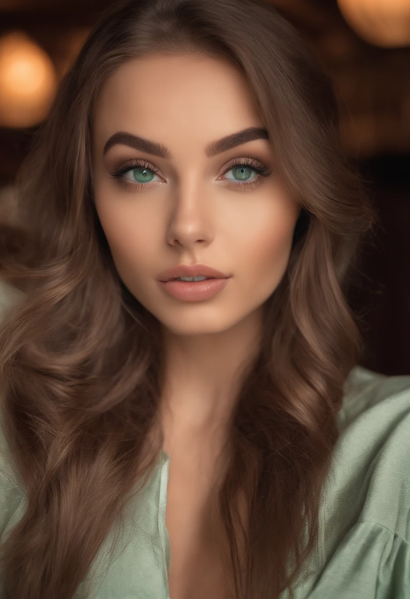 arafed woman sexy girl with green eyes, portrait sophie mudd, brown hair and large eyes, selfie of a young woman, bedroom eyes, violet myers, looking directly at the camera, face with artgram, subtle makeup, piercing green eyes, beautiful angle, attractive pose, cute girl, sexy pose, high detail, satisfied pose, selfie at bar with friends