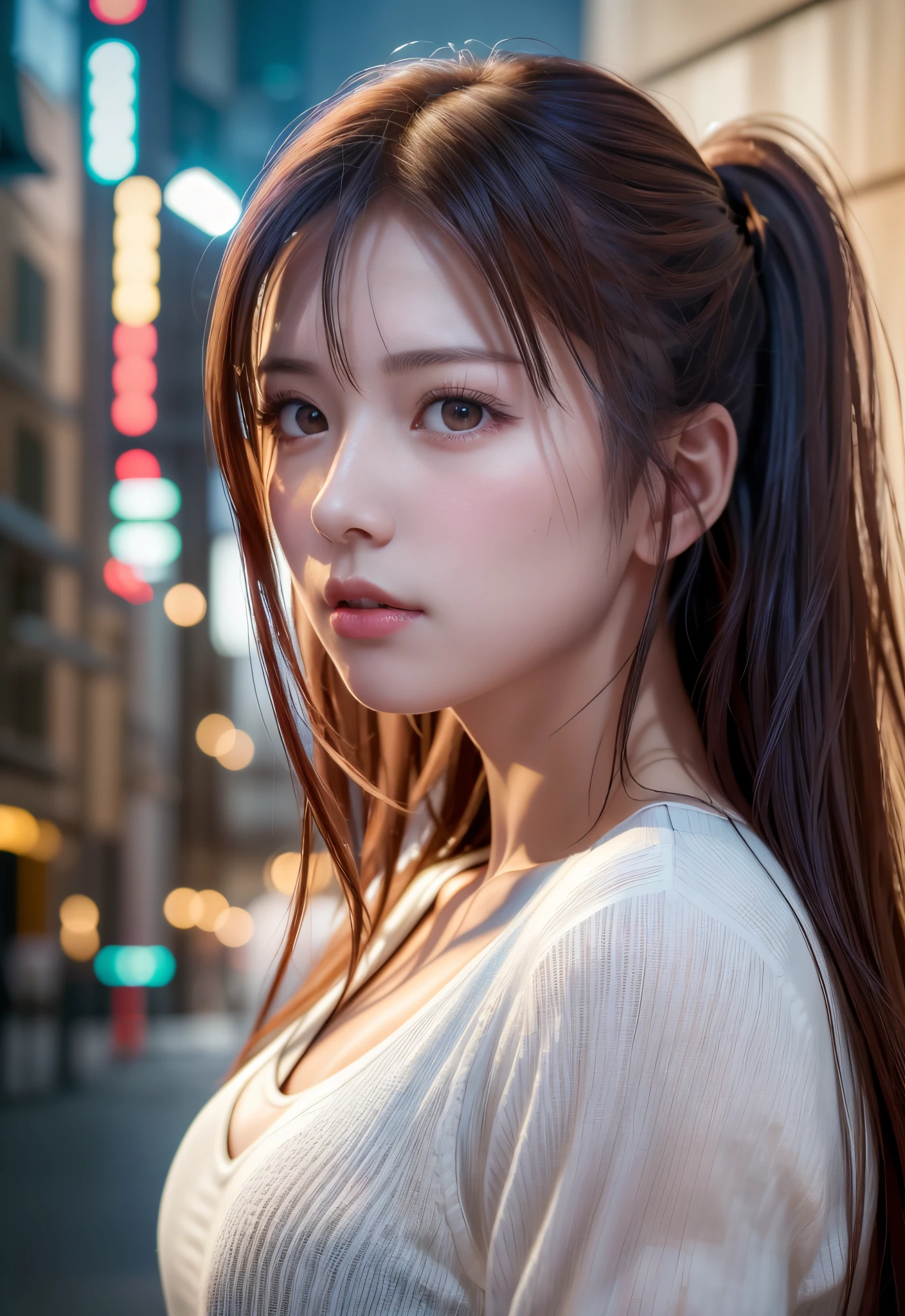 8K, of the highest quality, masutepiece:1.2), (Realistic, Photorealsitic:1.37), of the highest quality, masutepiece, Beautiful young woman, Pensive expression, Sweet look, Sexy white shirt、Hair tied back, Messy mood, Cinematic background, Light skin tone