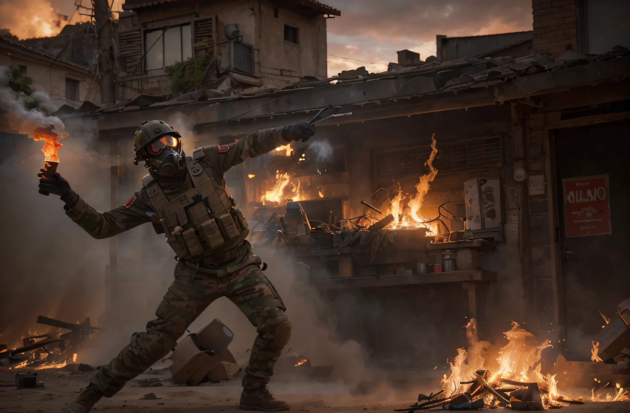 Male soldier, wears wool balaclava, gas mask, red shirt, brown camouflage pants, hands with gloves, highly detailed hands, is throwing a Molotov cocktail, is in a tropical village, flames, smoke, ultra-realistic, 4k, Ultra detailed image, realistic, Highly detailed, perfect composition, gorgeous, Intricately detailed, incredibly detailed, Art photography 8K, hyper detailed, Masterpiece, Ultra detailed, hyper realistic, 4k, Ultra detailed image, realistic, Highly detailed, perfect composition, beautiful, intricately detailed, incredibly detailed, art photography 8k, hyper detailed, masterpiece