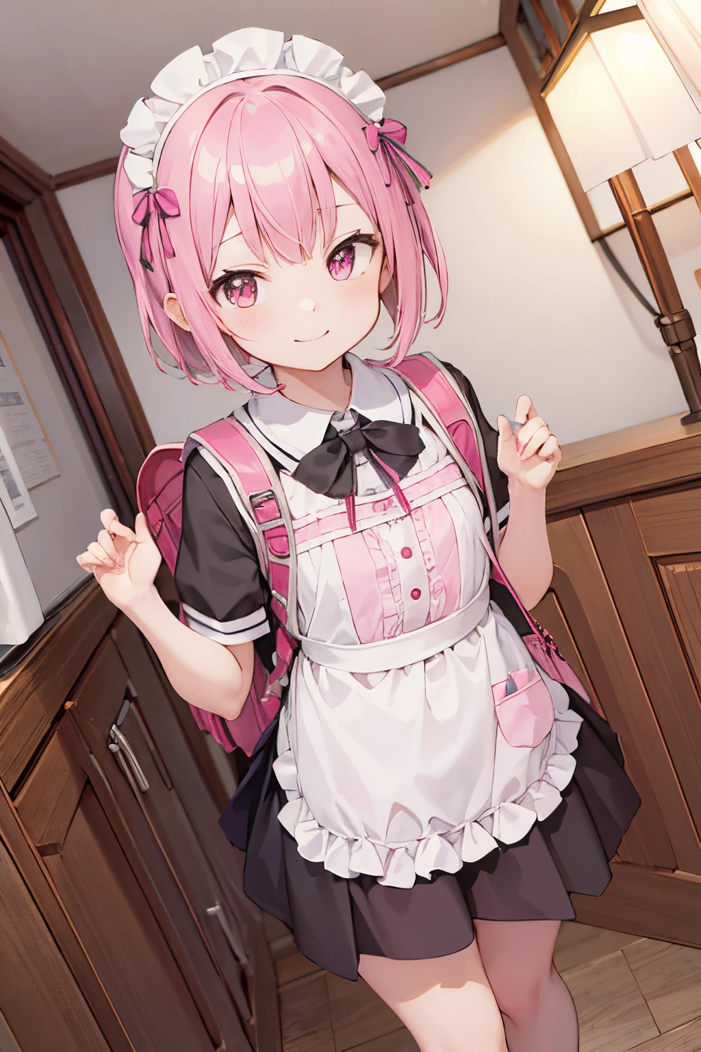 (masutepiece), Best Quality, High resolution, Highly detailed, Detailed background, Perfect Lighting, Indoor, 1girl in, Petite, Looking at Viewer, Petite, Maid Uniform, Adorable smile, Wearing a pink school bag backpack, (Randoseru Backpack:1.0)