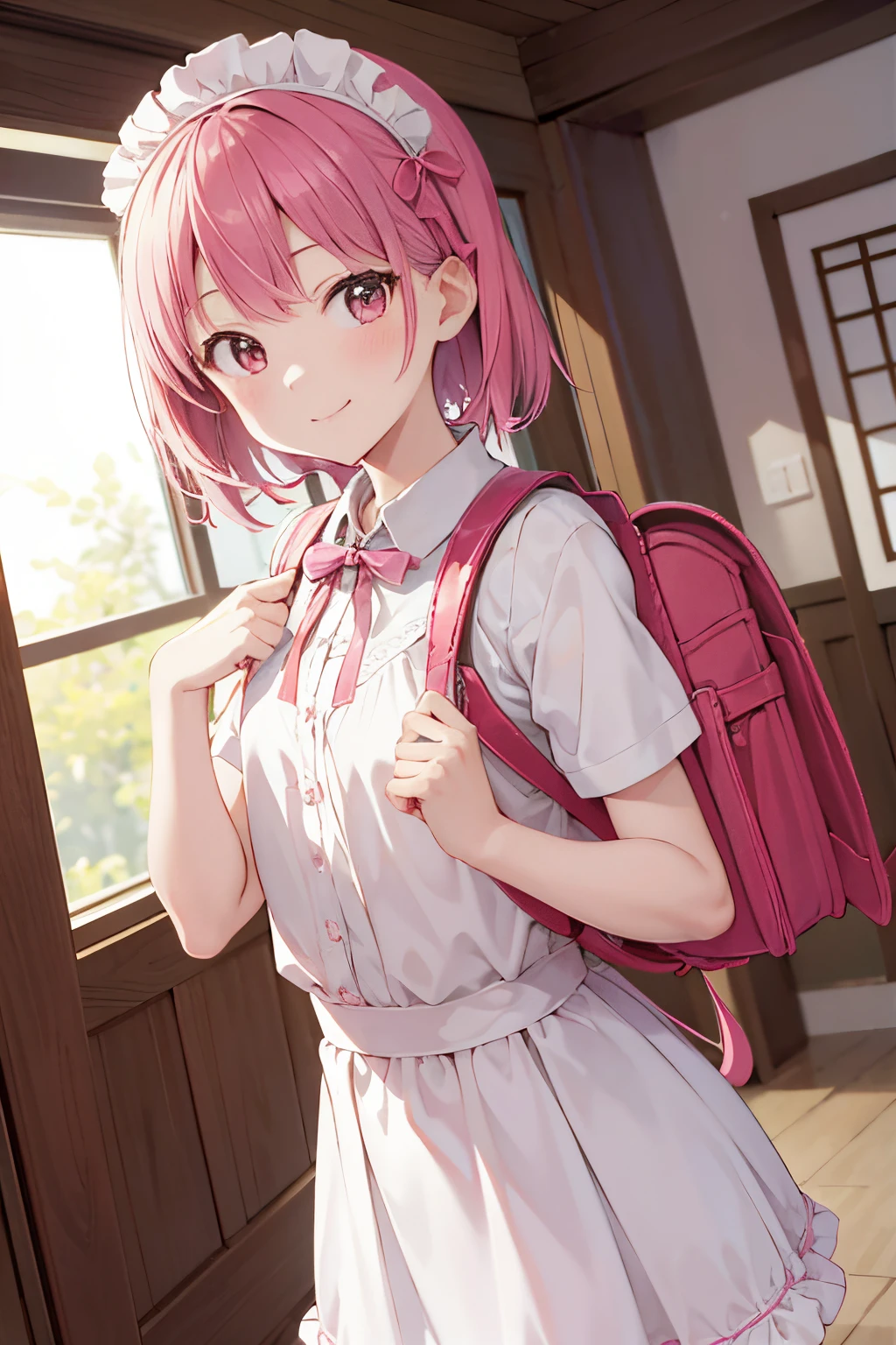(masutepiece), Best Quality, High resolution, Highly detailed, Detailed background, Perfect Lighting, Indoor, 1girl in, Petite, Looking at Viewer, Petite, Maid Uniform, Adorable smile, Wearing a pink school bag backpack, (Randoseru Backpack:1.0)