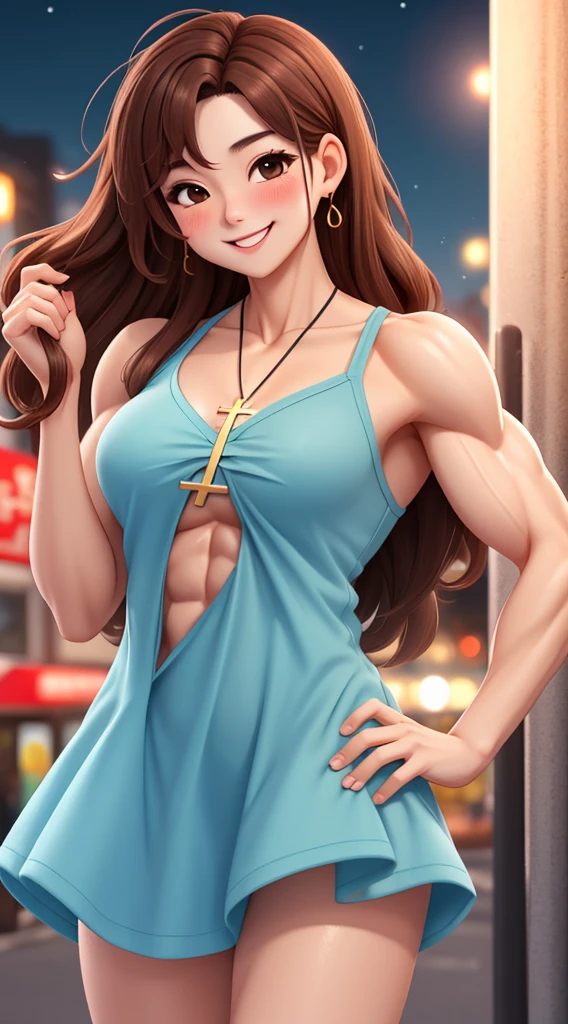 attractive korean woman, ripped muscle, muscular body, small breast, pale skin, smile(blush), sundress, cross pendant, sixpack abs, [ultra detailed skin:1.2], brown hair, messy hair, 8k uhd, full body, crowd, public, night,