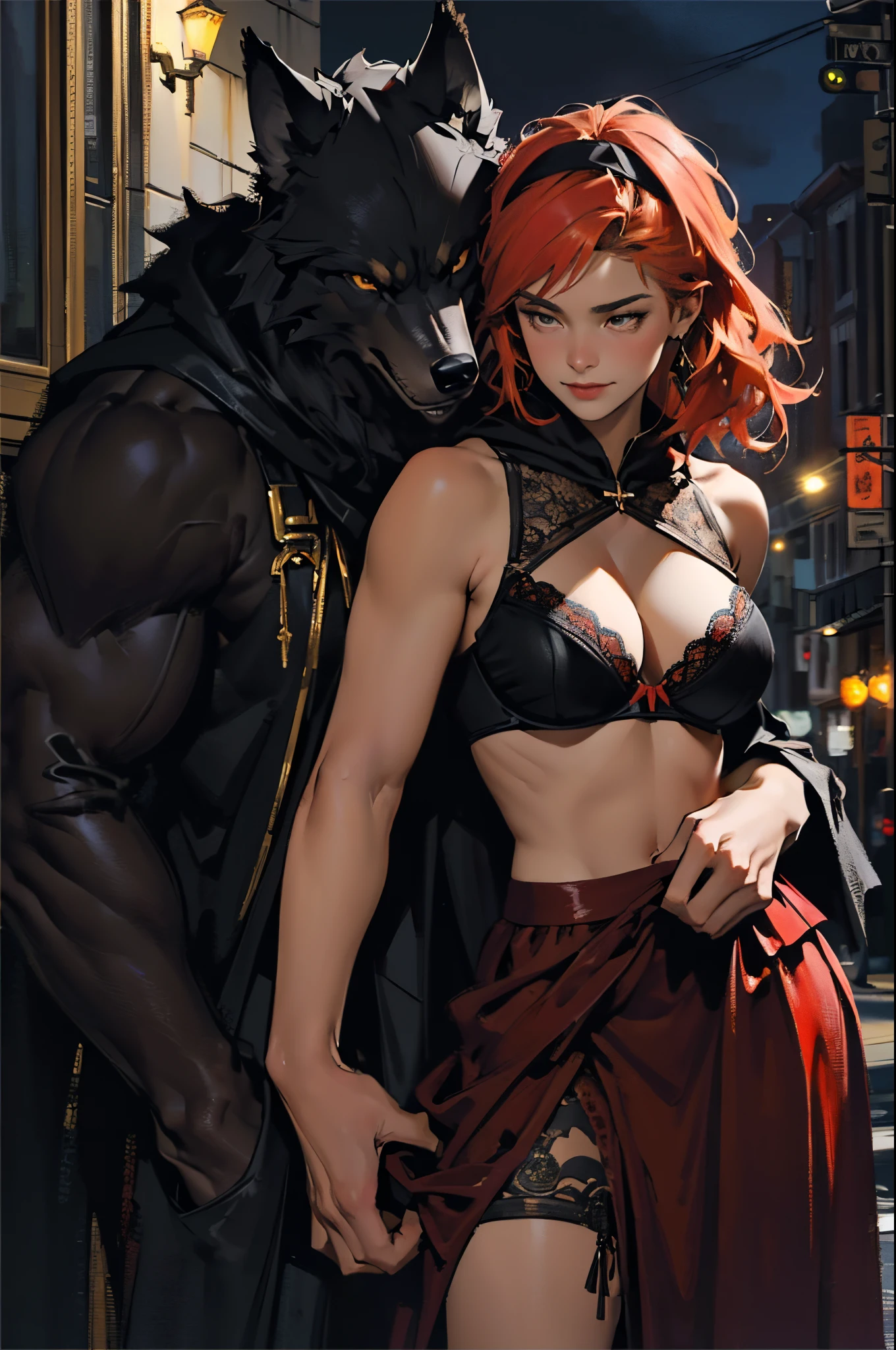 Depicts a strong werewolf hugging a blonde girl，(((black humanoid wolf)))，(((Black furry humanoid wolf)))，(((Beautiful sexy girl)))，(((Girls wear：red head band, cloaks, big bust bra, a skirt, red long skirt，laced dress)))，((Sexual suggestiveness))，Correct anatomy，详细的脸, 詳細な目，(((the right proportions)))，City at night，The lights are on，romantic love story，Warm picture，a warm color palette，(post impressionist),(Fechin Oil Painting - Fechin Oil Painting , oil painted), 005