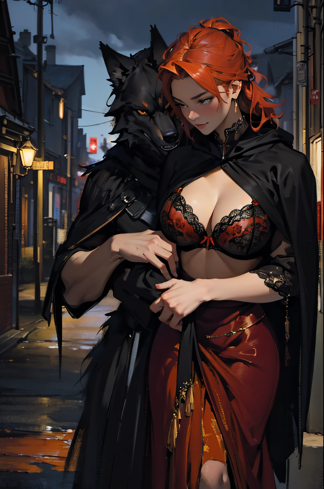 Depicts a strong werewolf hugging a blonde girl，(((black humanoid wolf)))，(((Black furry humanoid wolf)))，(((Beautiful sexy girl)))，(((Girls wear：red head band, cloaks, big bust bra, a skirt, red long skirt，laced dress)))，((Sexual suggestiveness))，Correct anatomy，详细的脸, 詳細な目，(((the right proportions)))，City at night，The lights are on，romantic love story，Warm picture，a warm color palette，(post impressionist),(Fechin Oil Painting - Fechin Oil Painting , oil painted), 005