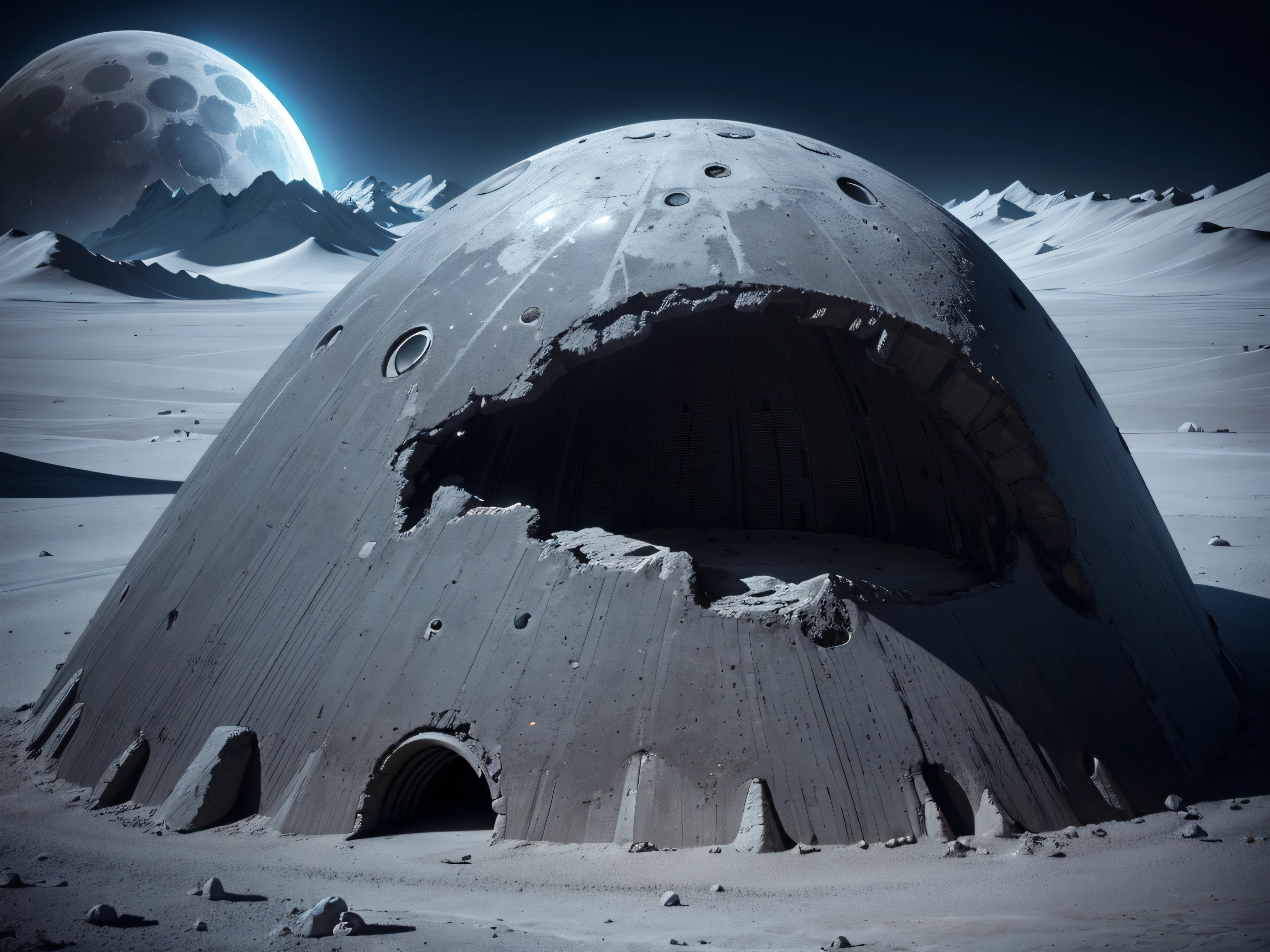 the dark side of the moon, alien base a large base on the moon, alien space ships, buildings on the moon base,
