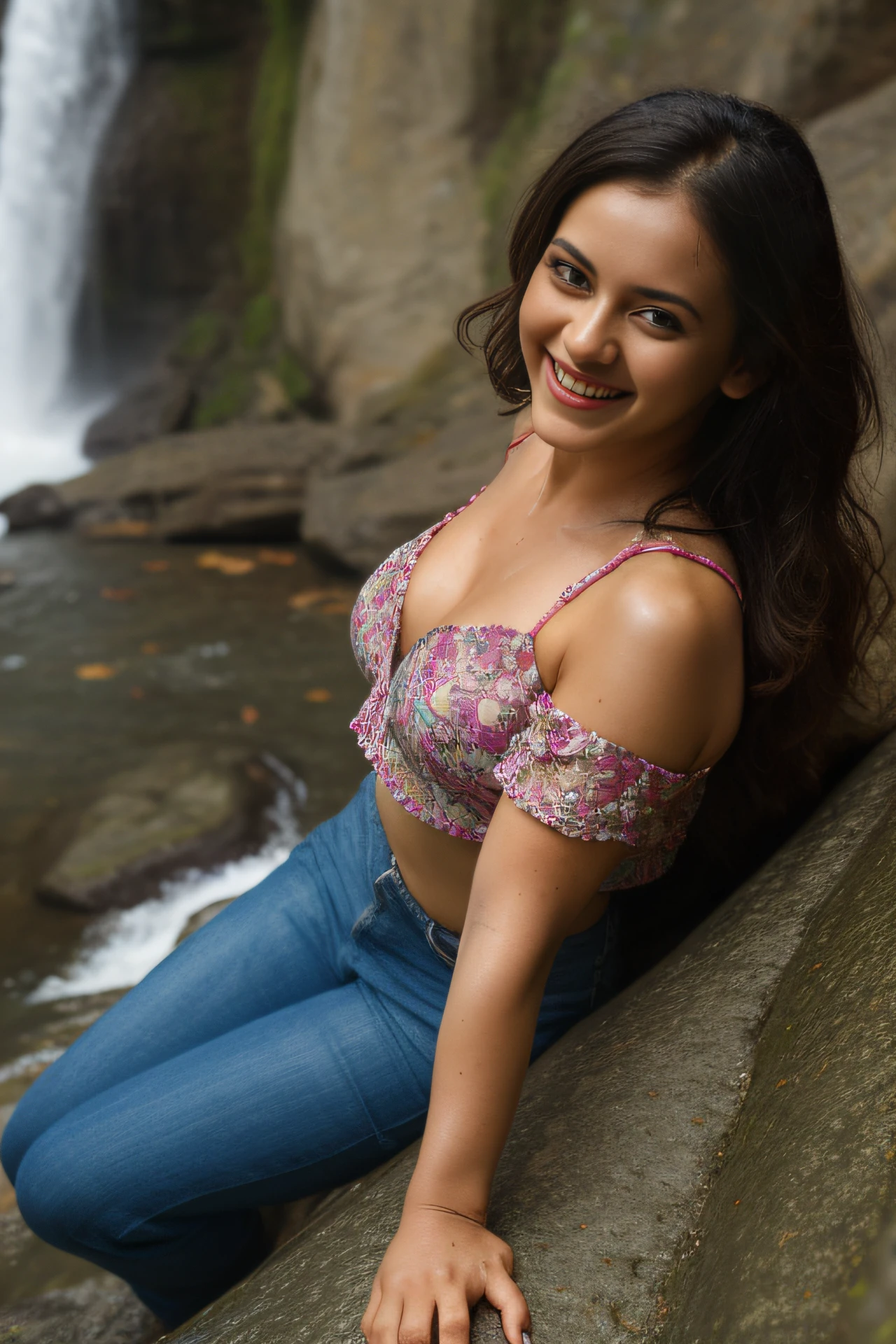 Day scene, close up photo of a latina from top view, posing under waterfalls, (wearing croptop with wet seductive breasts) , look at viewer and smile, (cinematic:1.3), intricate details, (ArtStation:1.2)