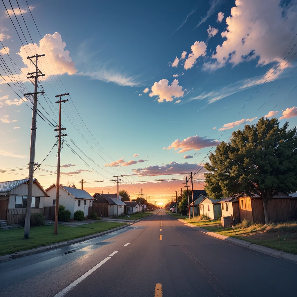 no people, scenery, cloud, sky, reflection, outdoors, sunset, caption, cloudy sky, sign, power pole, sparse very small houses, power lines, road sign, blue sky, street of a small township in northern usa, many trees, green grass, horizon, sunset, landscape, lens flare, warm colors, warm tones