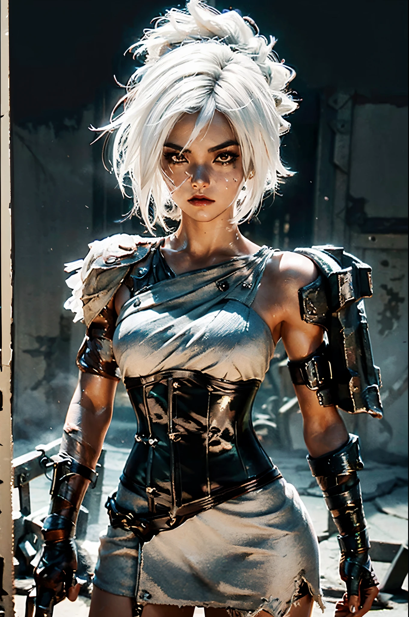 (Masterpiece:1.2), best quality, riven \(league of legends\), 1girl, short dress, corset, white hair, black eyeshadow, sarashi, muscular female, abs, white hair, black eyeshadow, bare shoulders, full body, potrait