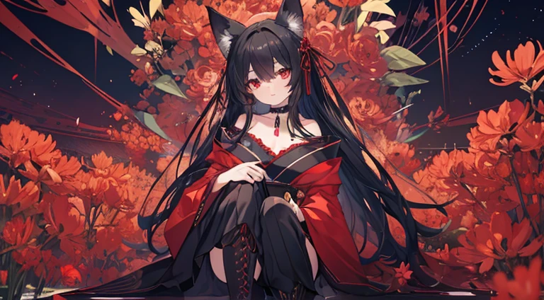 (extremely detailed CG unity 8k wallpaper), (((ultra-detailed))), ((extremely detailed)), (((best illustration))), best illumination, ((extremely delicate and beautiful)), ((an extremely delicate and beautiful girl)), colorful, lycoris radiata, (manjusaka:1.1), red flower field, (((colorful flowers))), ((1 girl, solo)), {{finely detailed beautiful eyes and detailed face}}, sad expression, sad smile, long hair, (((black hair))), hair hide ear, red eyes, beautiful detailed eyes, mature female, gentle, slender, medium breast, no_human_ear, (black red fox ears), (black red fox tail), (((intricate details))), (Black and red knee-length kimono dress), medium height black boots, ((black choker with red pendent)), manjusaka/lycoris radiata birthmark on the neck, sitting, bishoujo, 19_years_old